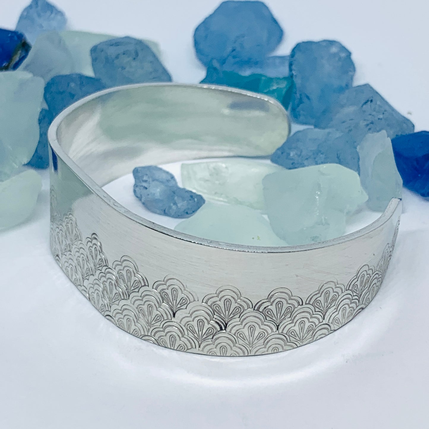 Scalloped Fan Tapered Partial Hand Stamped Cuff Bracelet | Vintage Design