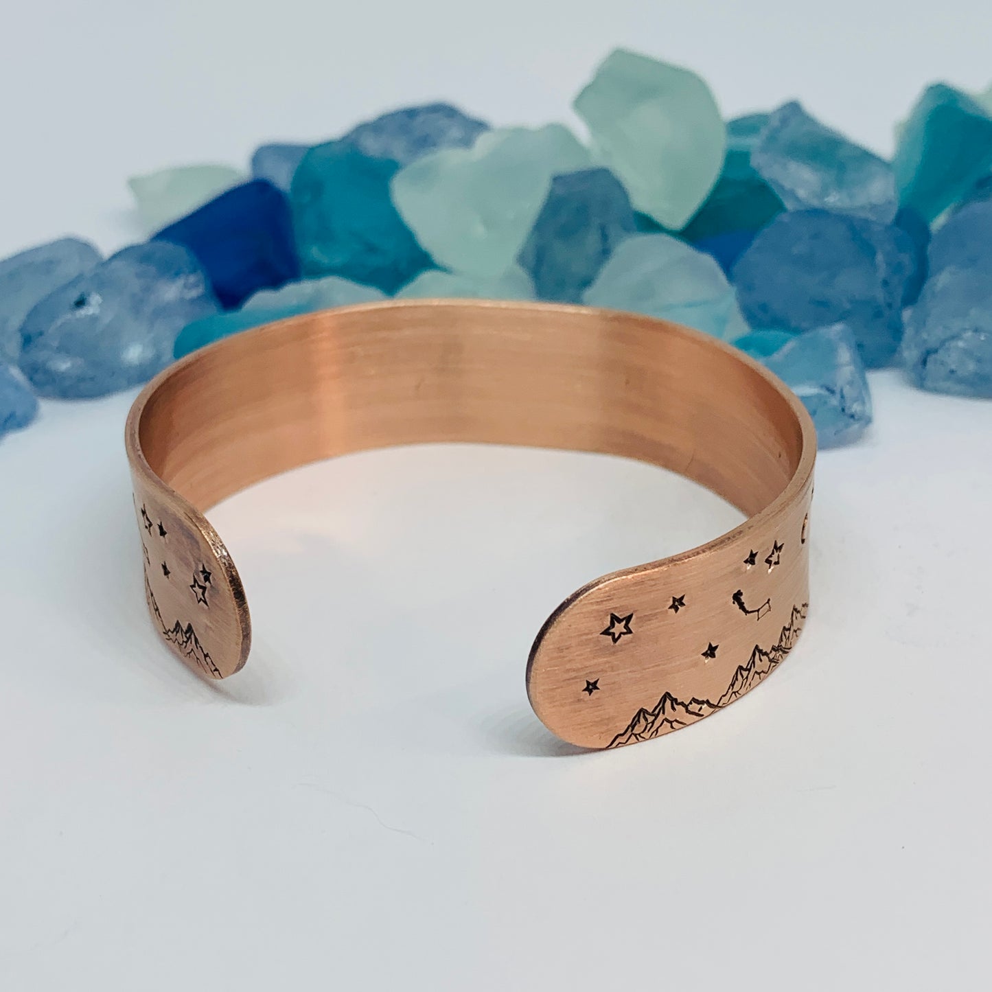 Hand Stamped Copper Mountainscape Cuff Bracelet | Mountains Stars Moons Dipper | Gift for Her | Copper Patina