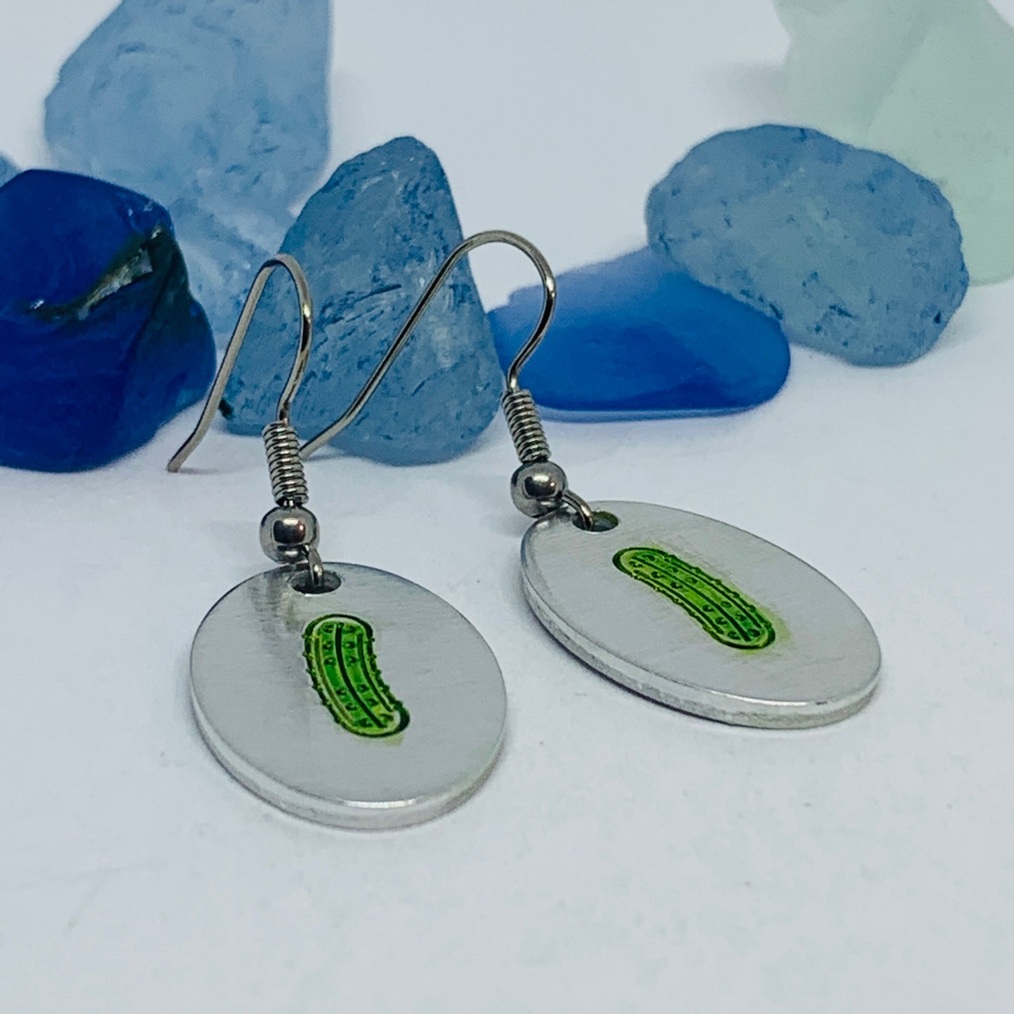 Pickles Hand Stamped & Painted Oval Drop Earrings | Green Pickles on Surgical Steel Ear Wires | Pickle Fest | Picklelicious