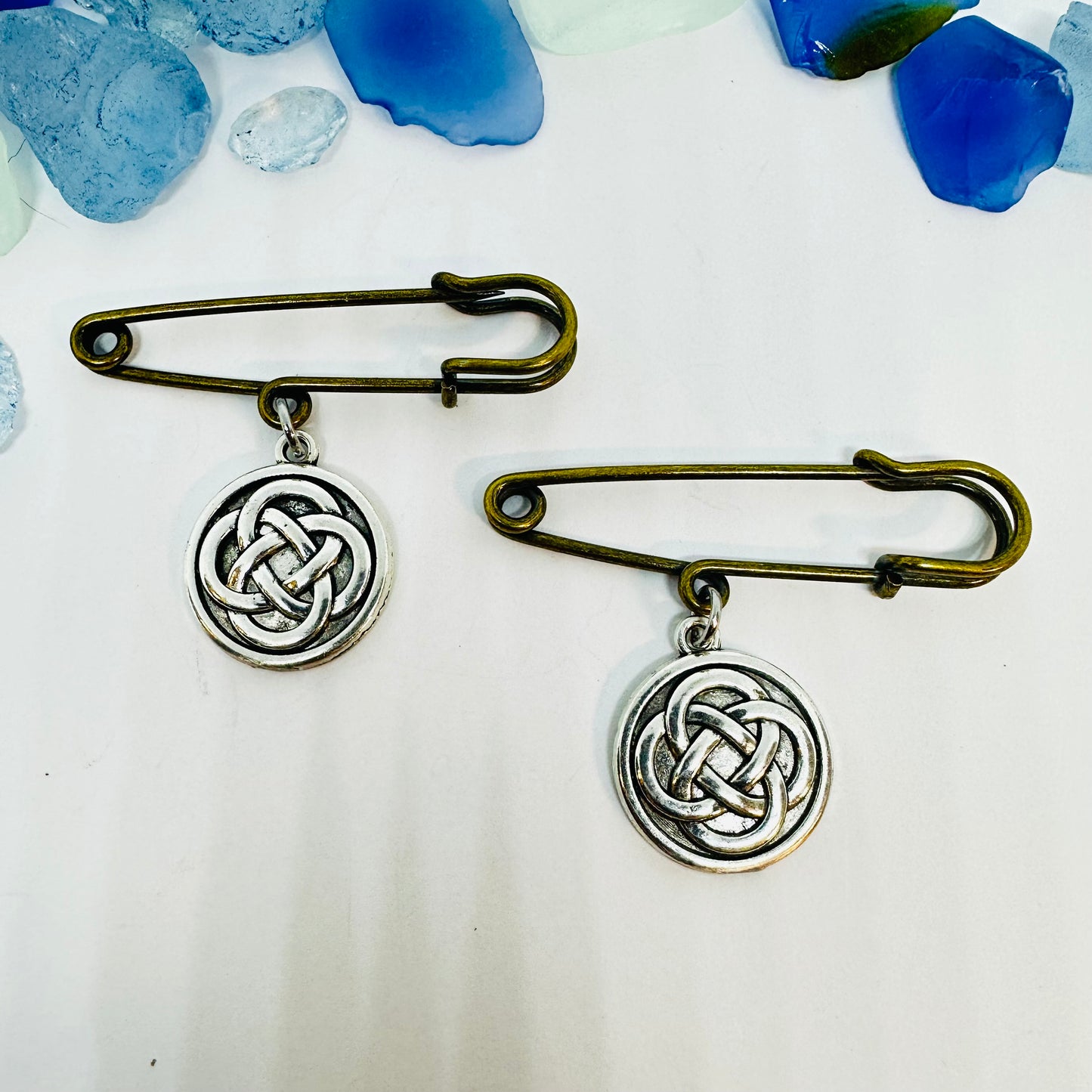 Bronze Safety Pin with Celtic Charms