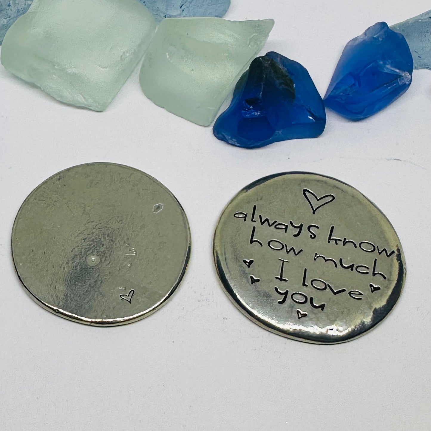 Always Know How Much I/We Love You - Hand Stamped Pewter Pocket Stone | Hug | Token | Pebble