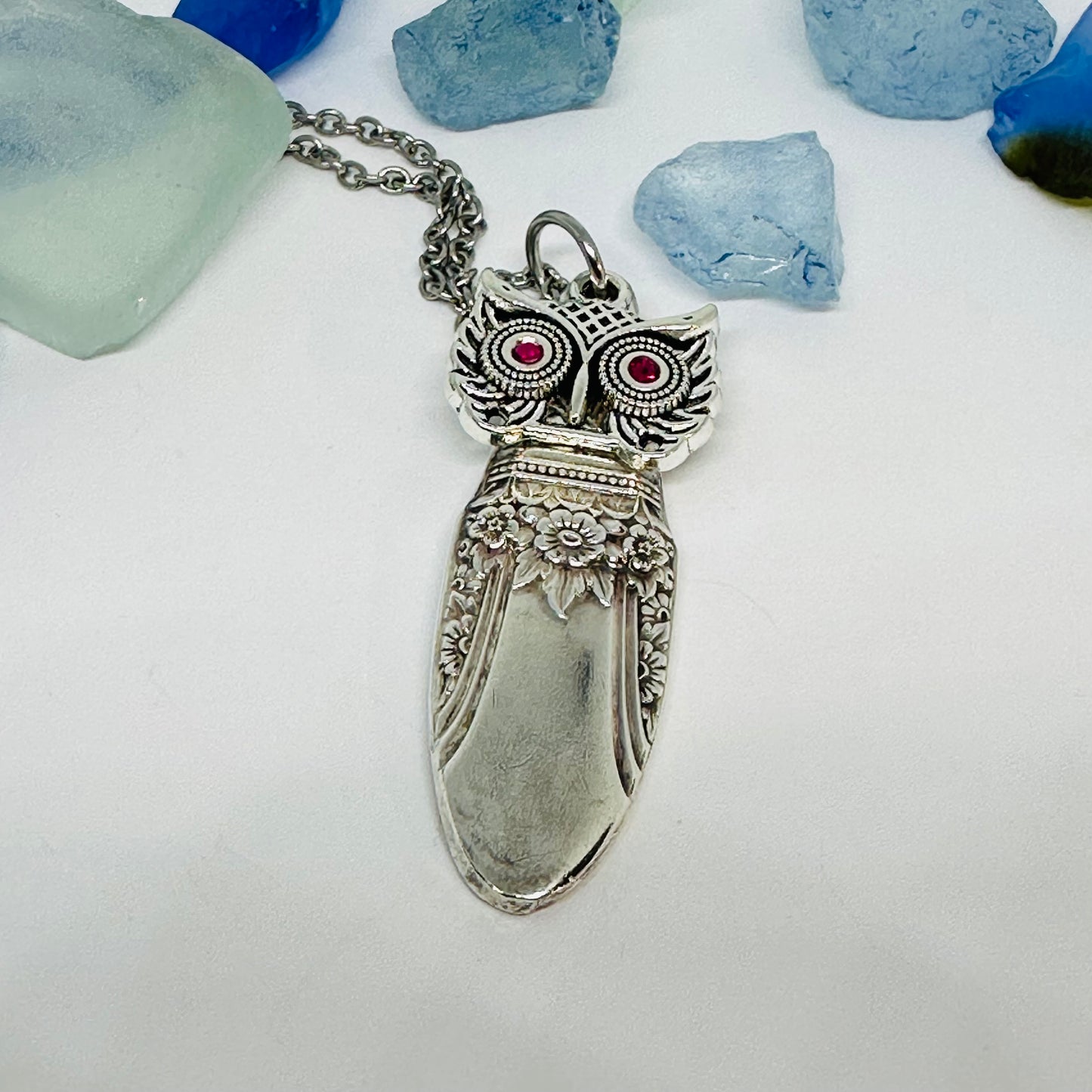 Owl with Birthstone Eyes “First Love” 1937 Vintage Silverware Necklace | Up-Cycled Jewelry | Birthday Pendant | Antique | 1.8mm Swarovski Eyes