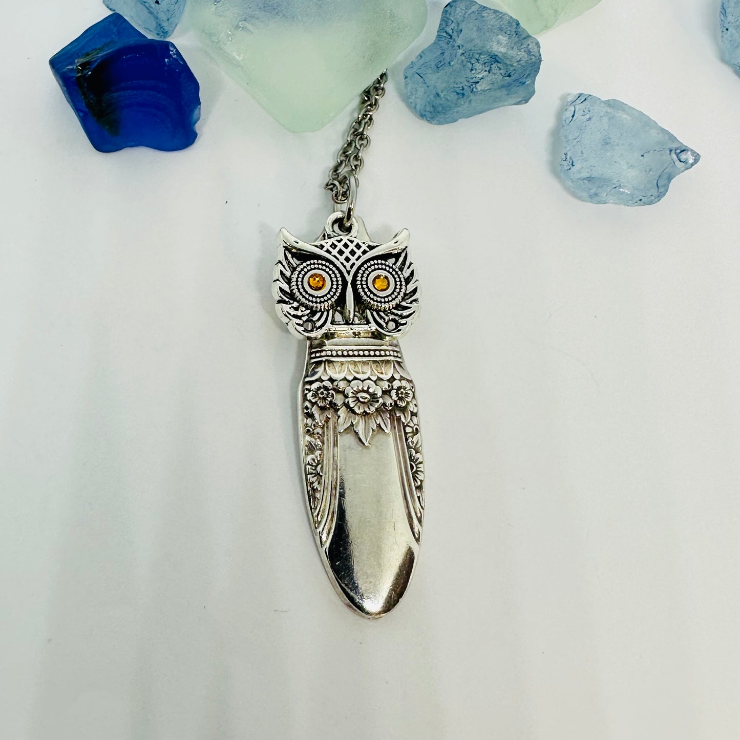 Owl with Birthstone Eyes “First Love” 1937 Vintage Silverware Necklace | Up-Cycled Jewelry | Birthday Pendant | Antique | 1.8mm Swarovski Eyes