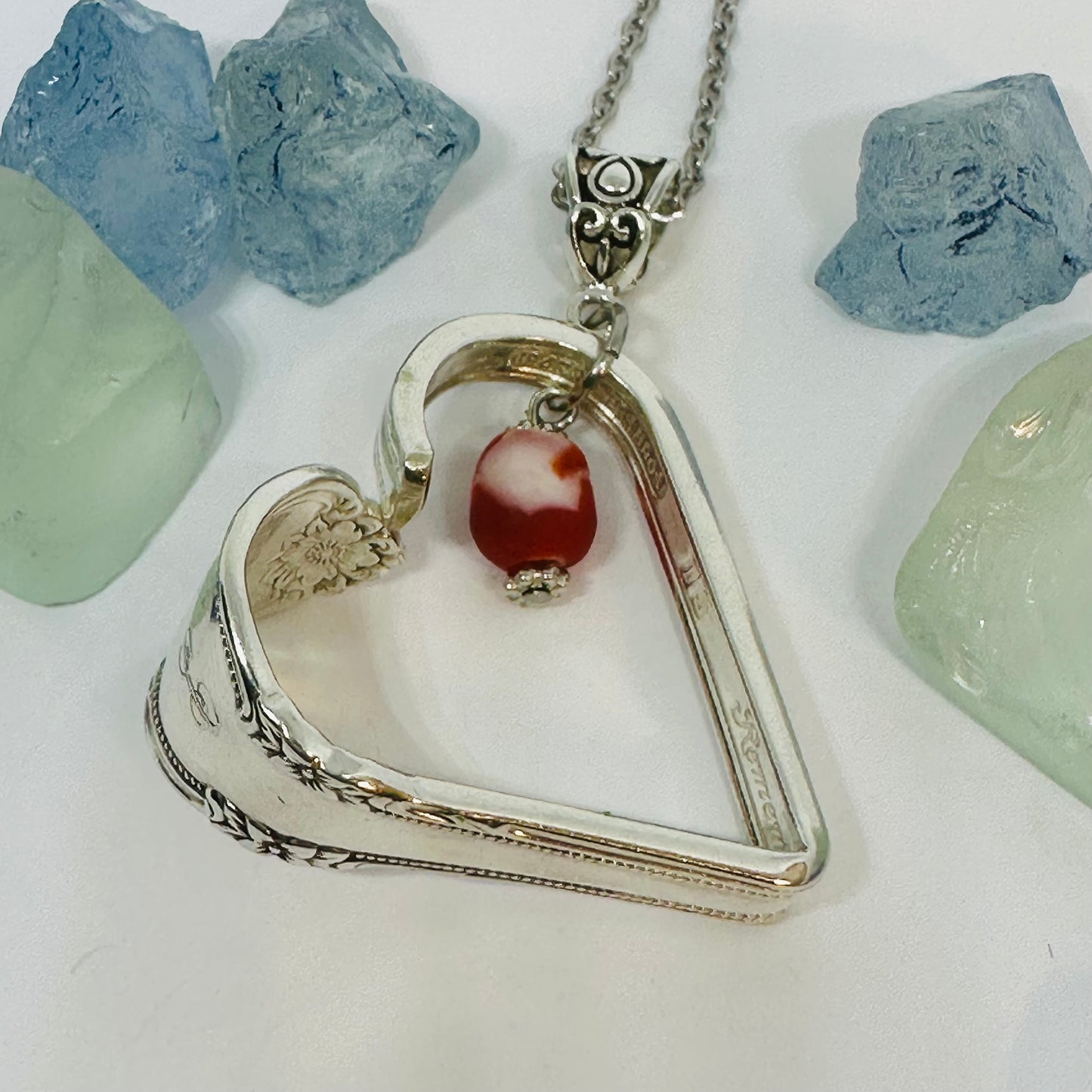 Hearts made from Vintage Silverware with African Bead | Bent Spoon Fork | Heart-Shaped Pendant Necklace Keychain Key Ring | Silverware Jewelry | Love | Valentine's Day Gift