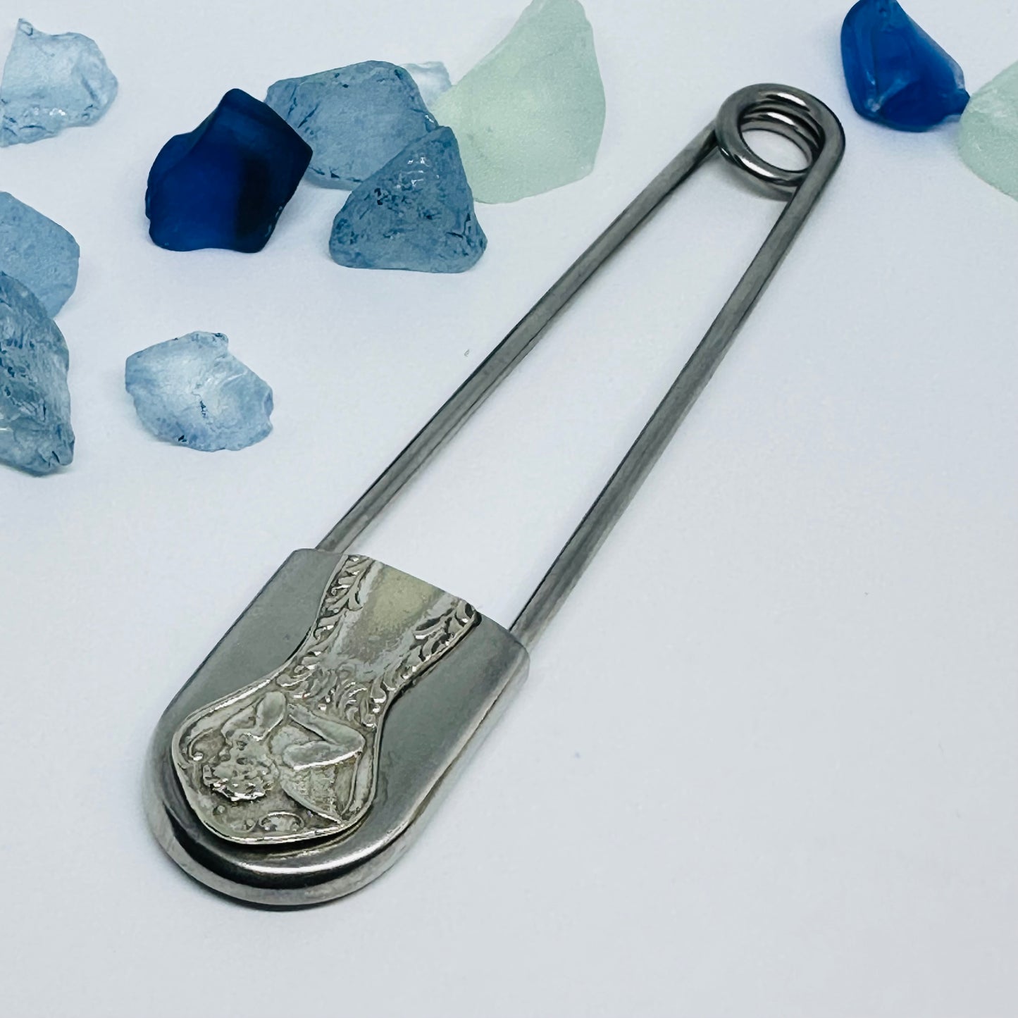 Giant Vintage Silverware Adorned Safety Pin | Key Ring | Kilt Brooch | Horse Blanket | Silver Embellishments | New Driver | Purse Belt