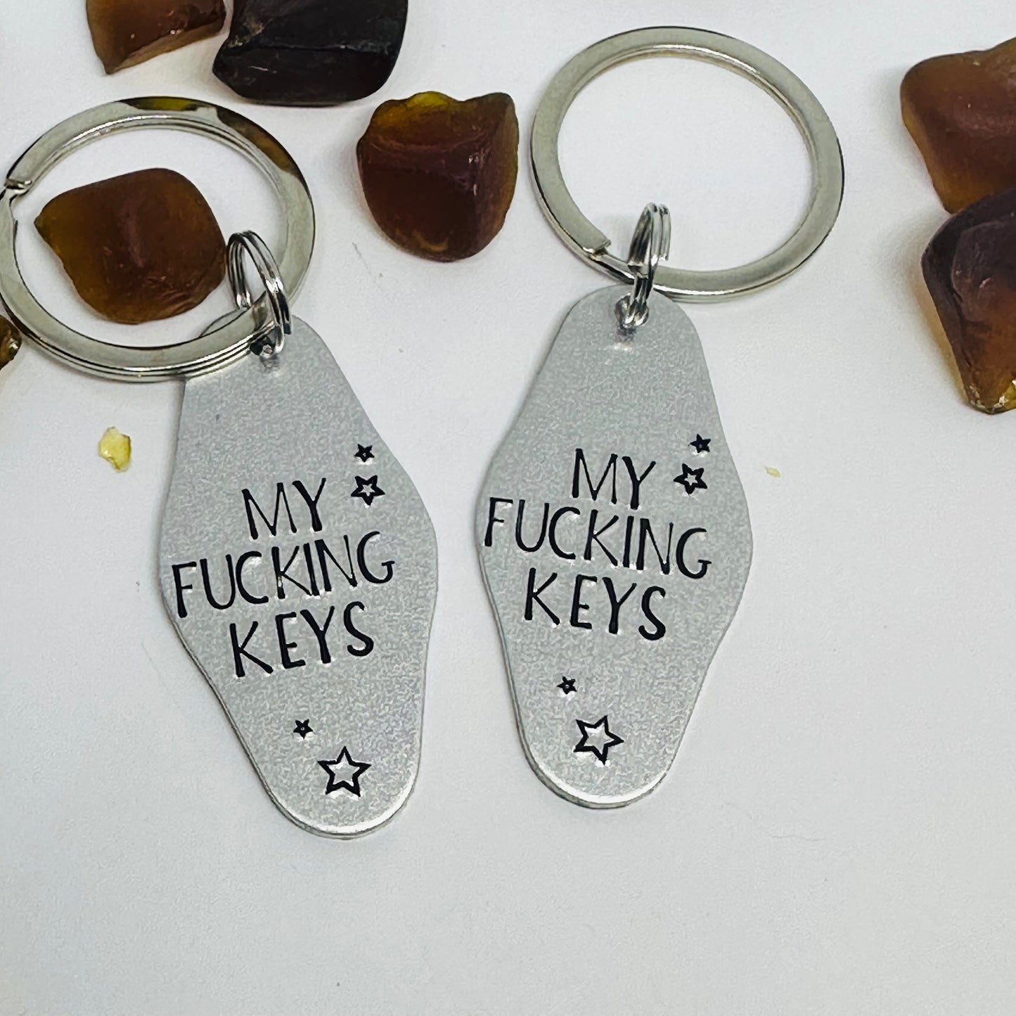 MY FUCKING KEYS Hand-Stamped Metal Keychain | Funny & Sarcastic Retro Motel Key Tag | Housewarming Gift | New Driver Gift