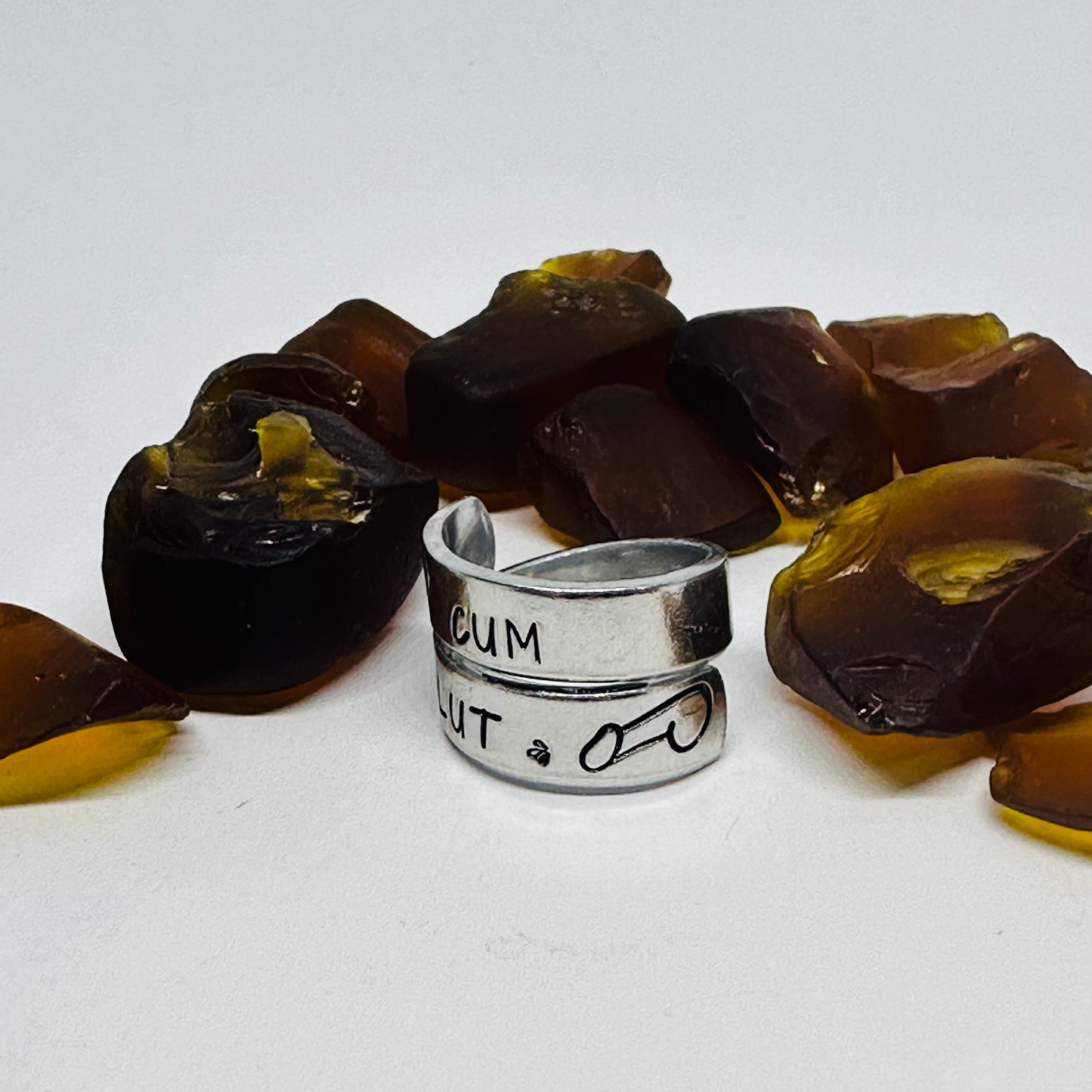 Adult-Themed Hand Stamped Metal Wrap Ring | Cum Slut | Penis Design Ring | Adjustable Sexy Adult Ring