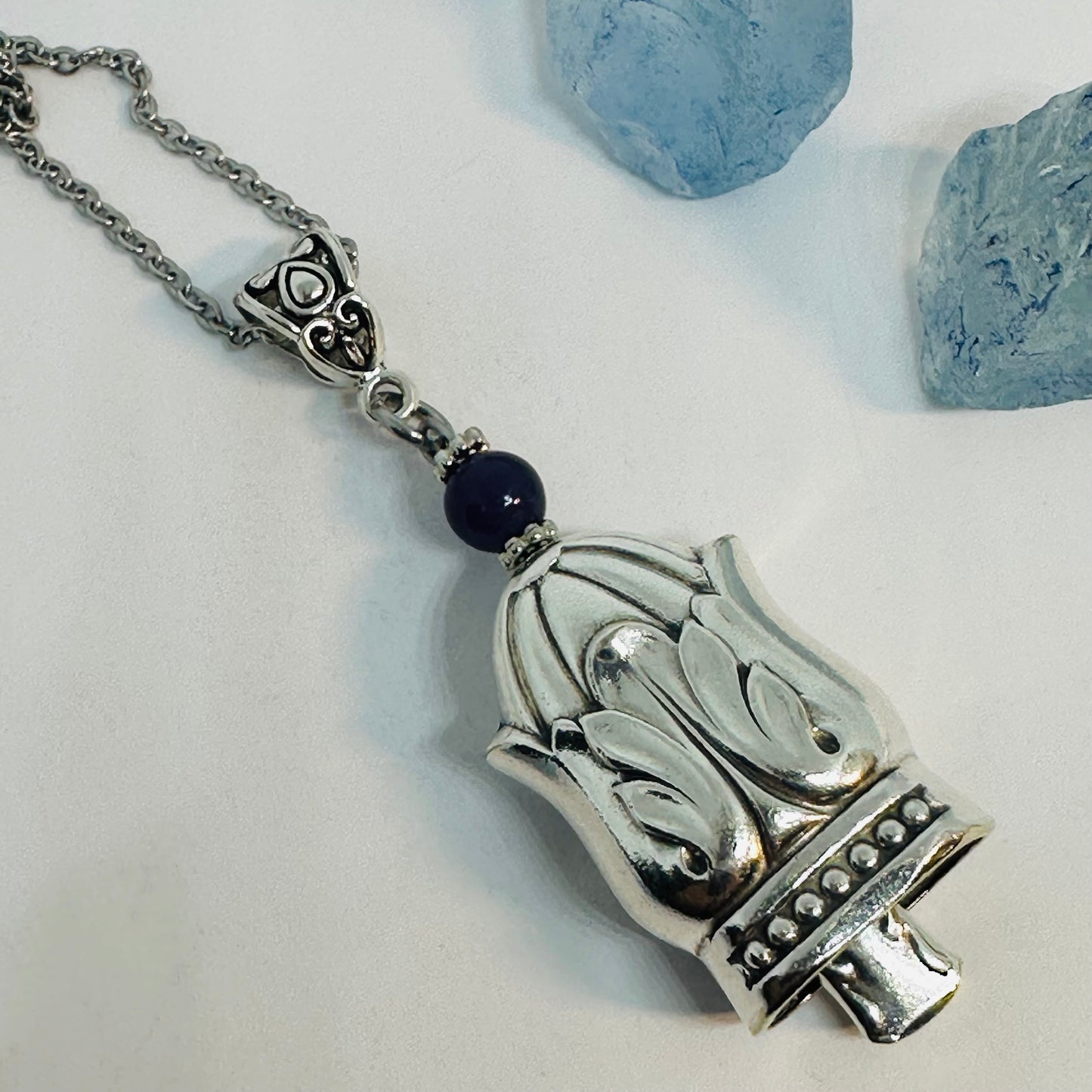35-Fairy Bell Necklace Vintage Silverware – Angel Bell with Gemstone & 22" Chain