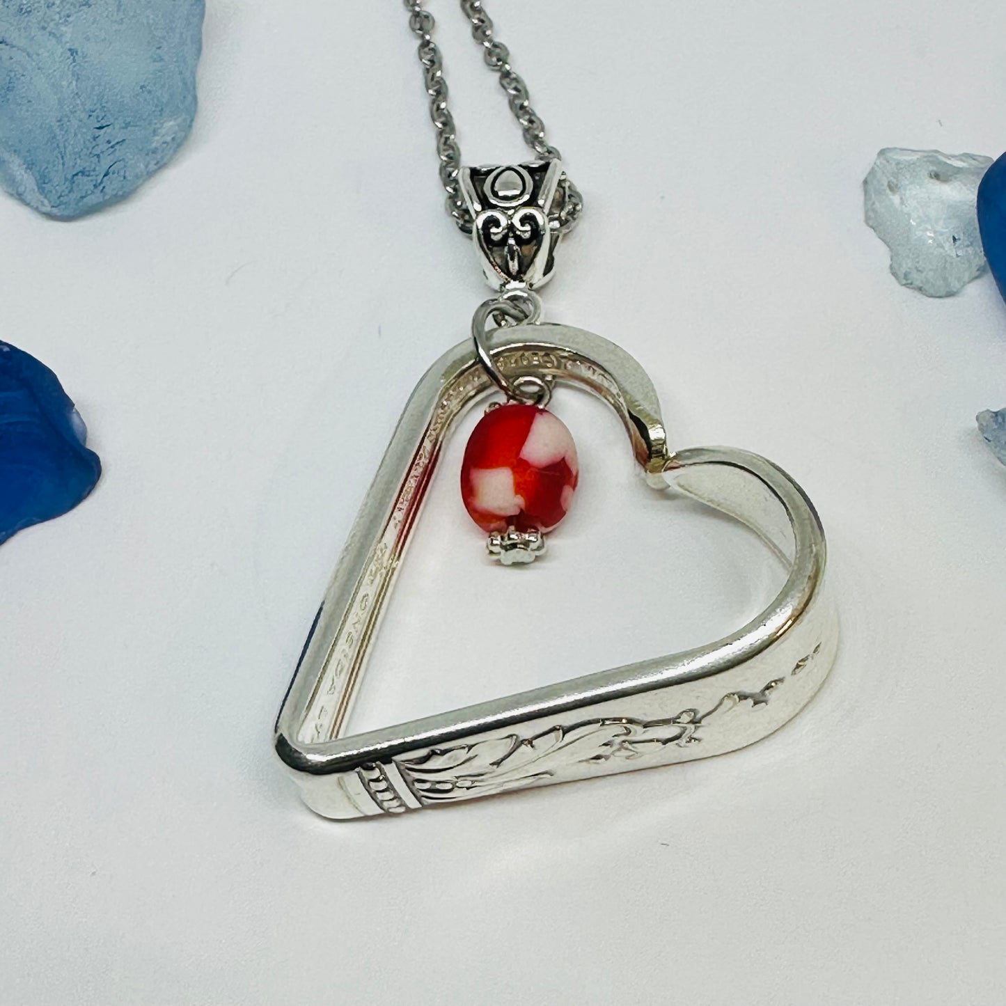 Hearts made from Vintage Silverware with African Bead | Bent Spoon Fork | Heart-Shaped Pendant Necklace Keychain Key Ring | Silverware Jewelry | Love | Valentine's Day Gift