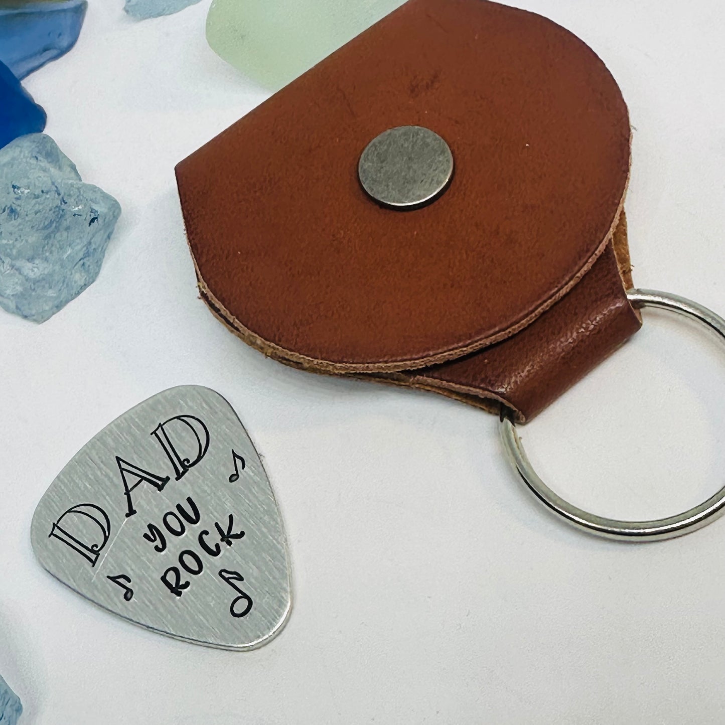 Hand Stamped Metal Guitar Pick with Keyring Case | Musician Gift