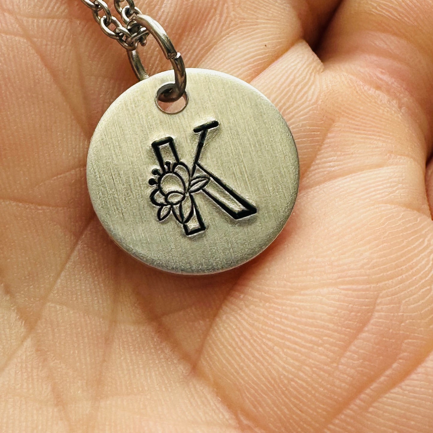 Floral Initial(s) Disc Necklace - Hand Stamped - Personalized & Elegant