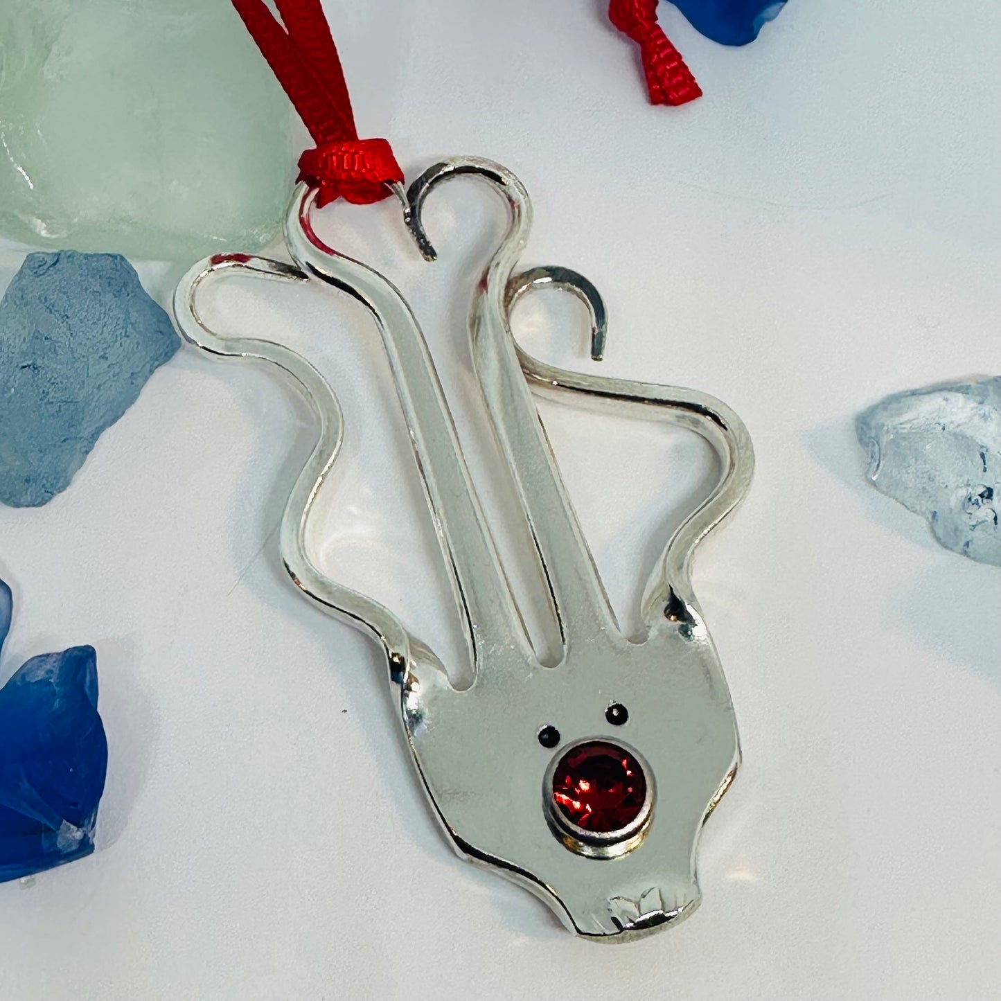 Rudolph Vintage Silverware Reindeer Ornament with Red Crystal Nose