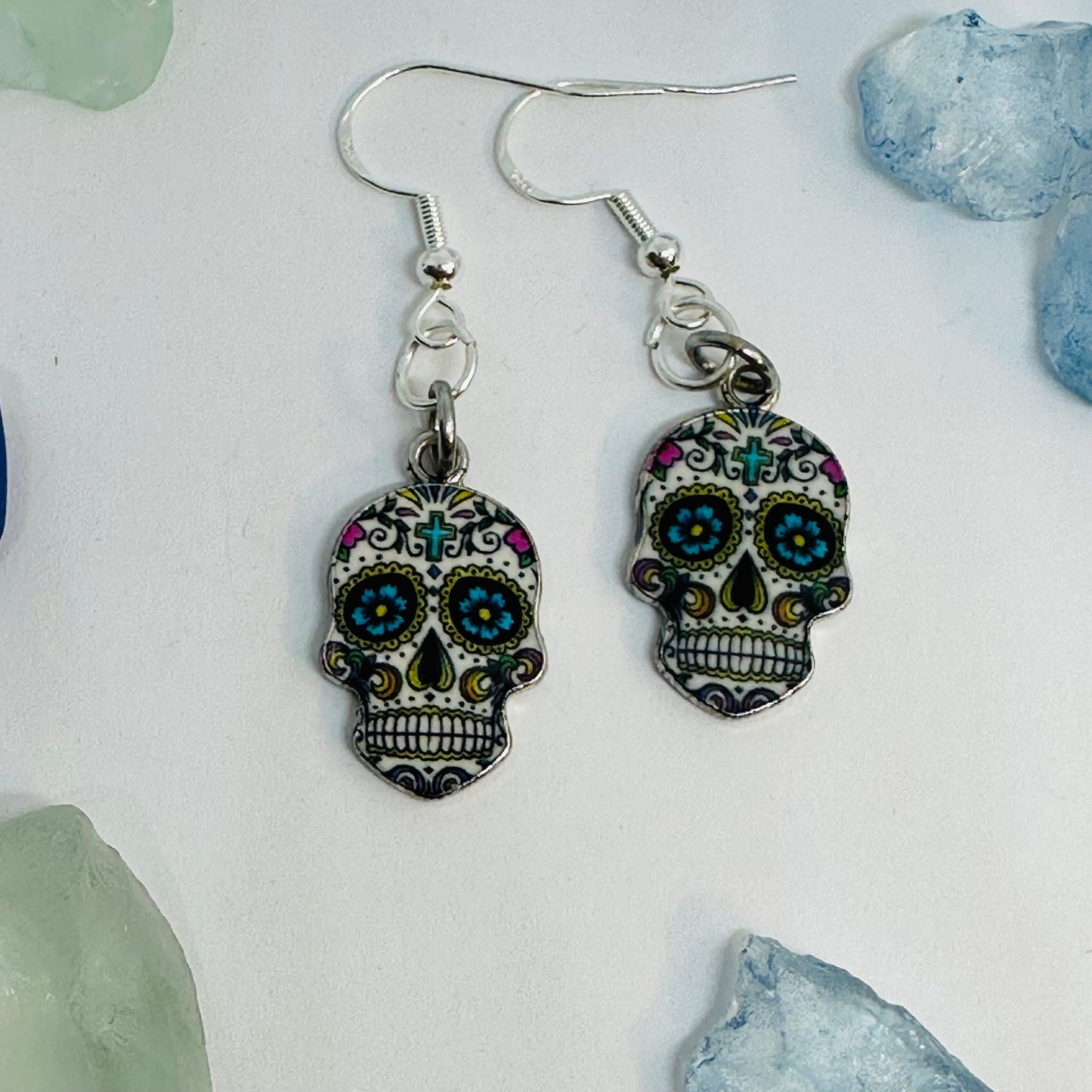 Vibrant Sugar Skull Dangle Earrings | Handcrafted Day of the Dead Inspired Jewelry