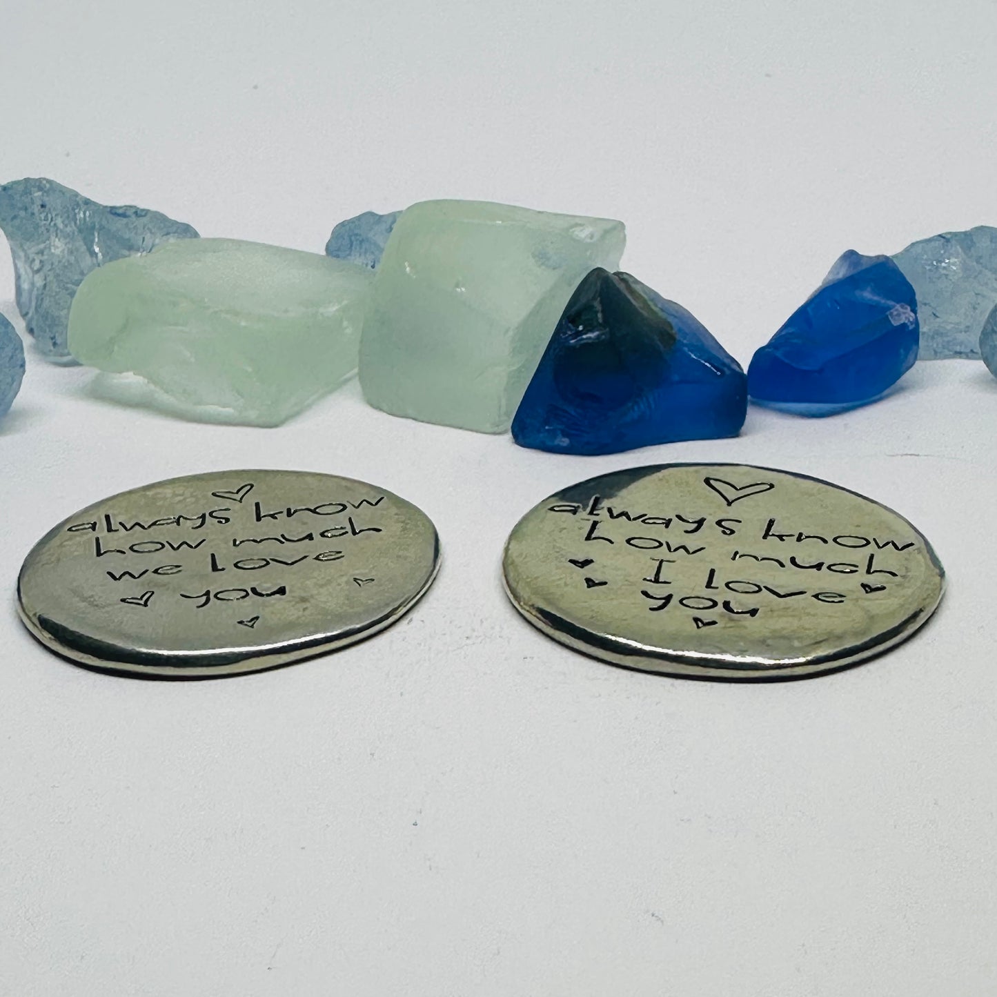 Always Know How Much I/We Love You - Hand Stamped Pewter Pocket Stone | Hug | Token | Pebble