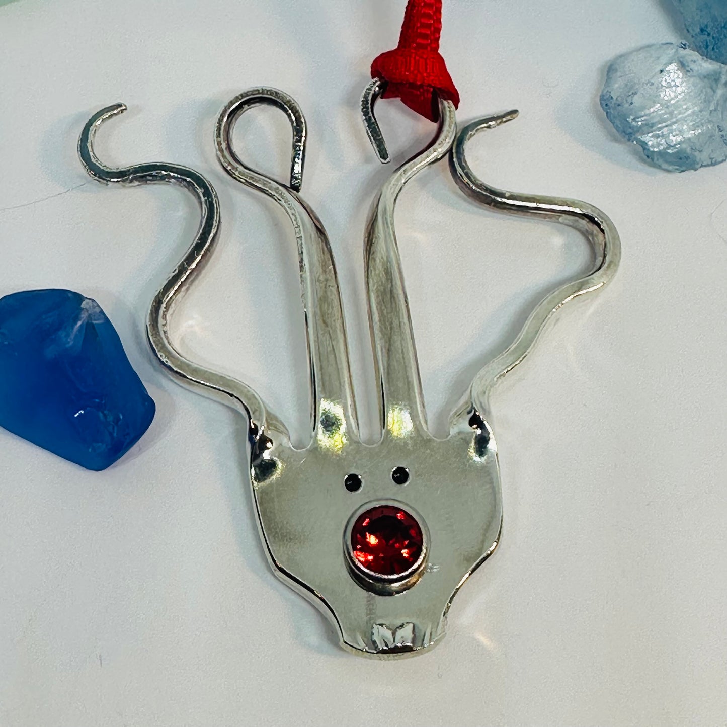 Rudolph Vintage Silverware Reindeer Ornament with Red Crystal Nose