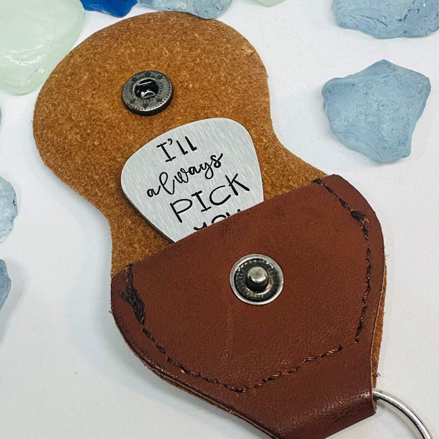 Hand Stamped Metal Guitar Pick with Keyring Case | Musician Gift