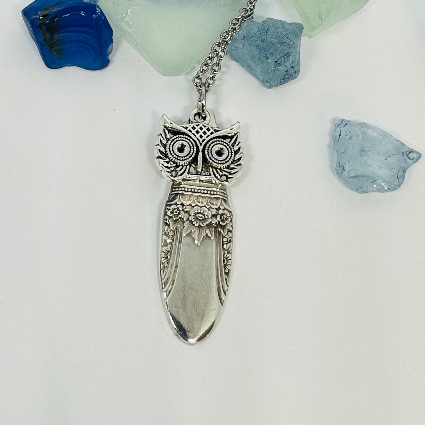 Owl with Birthstone Eyes “First Love” 1937 Vintage Silverware Necklace | Up-Cycled Jewelry | Birthday Pendant | Antique | 1.8mm Swarovski Eyes