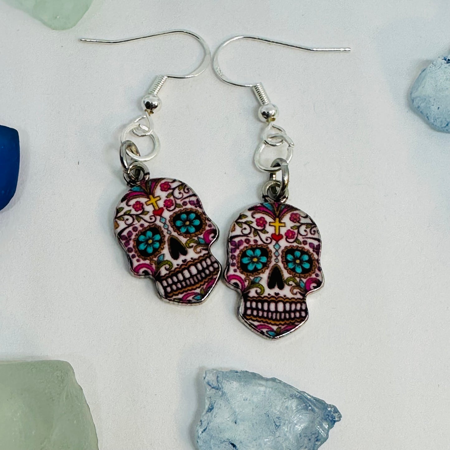 Vibrant Sugar Skull Dangle Earrings | Handcrafted Day of the Dead Inspired Jewelry