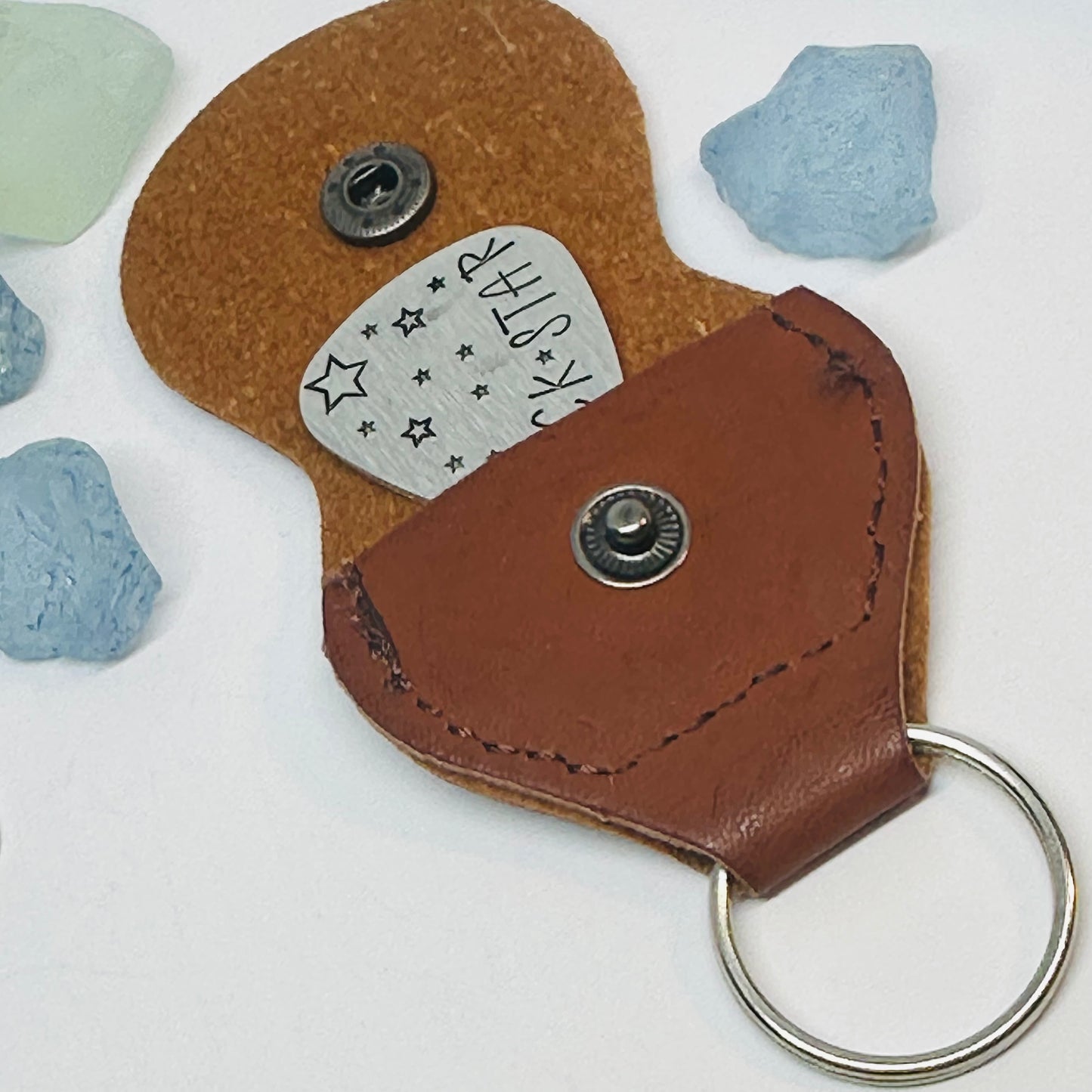 Hand Stamped Metal Guitar Pick with Keyring Case | Musician Gift