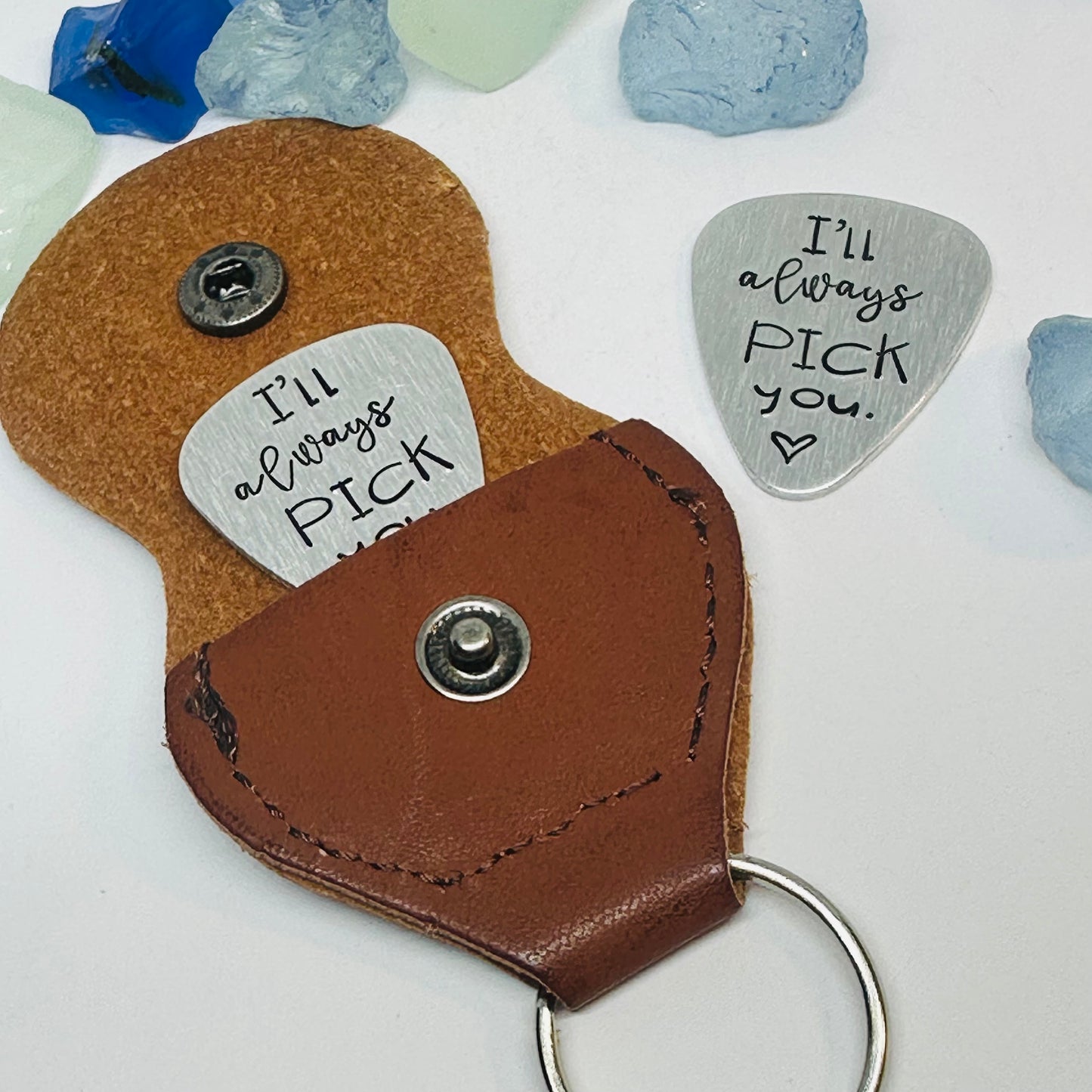 Hand Stamped Metal Guitar Pick with Keyring Case | Musician Gift