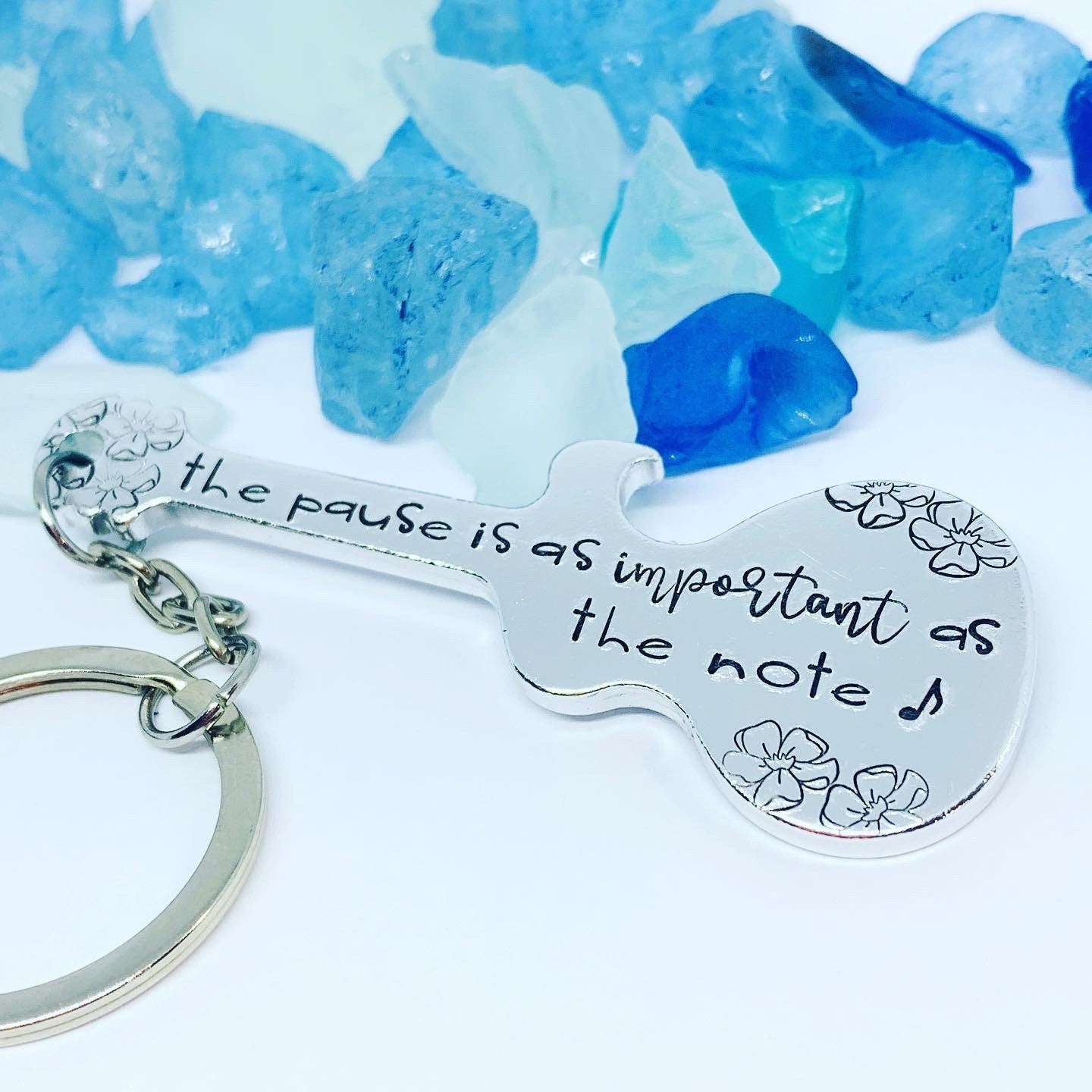 Guitar Shaped Hand Stamped Key Ring | Music Quote | The Pause is as Important as the Note | Truman Fisher | Musician Gift | Fit into Lyrics