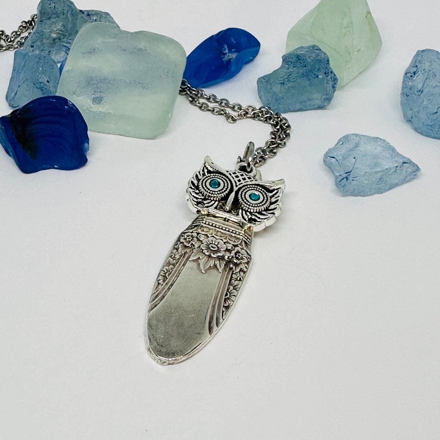 Owl with Birthstone Eyes “First Love” 1937 Vintage Silverware Necklace | Up-Cycled Jewelry | Birthday Pendant | Antique | 1.8mm Swarovski Eyes