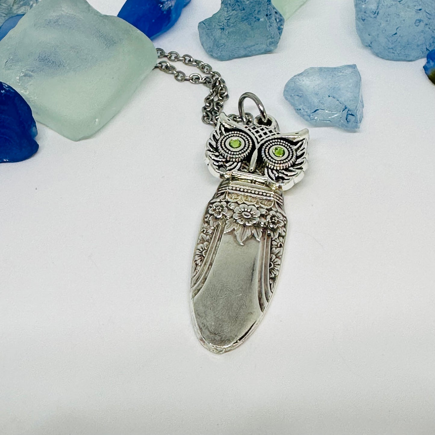 Owl with Birthstone Eyes “First Love” 1937 Vintage Silverware Necklace | Up-Cycled Jewelry | Birthday Pendant | Antique | 1.8mm Swarovski Eyes