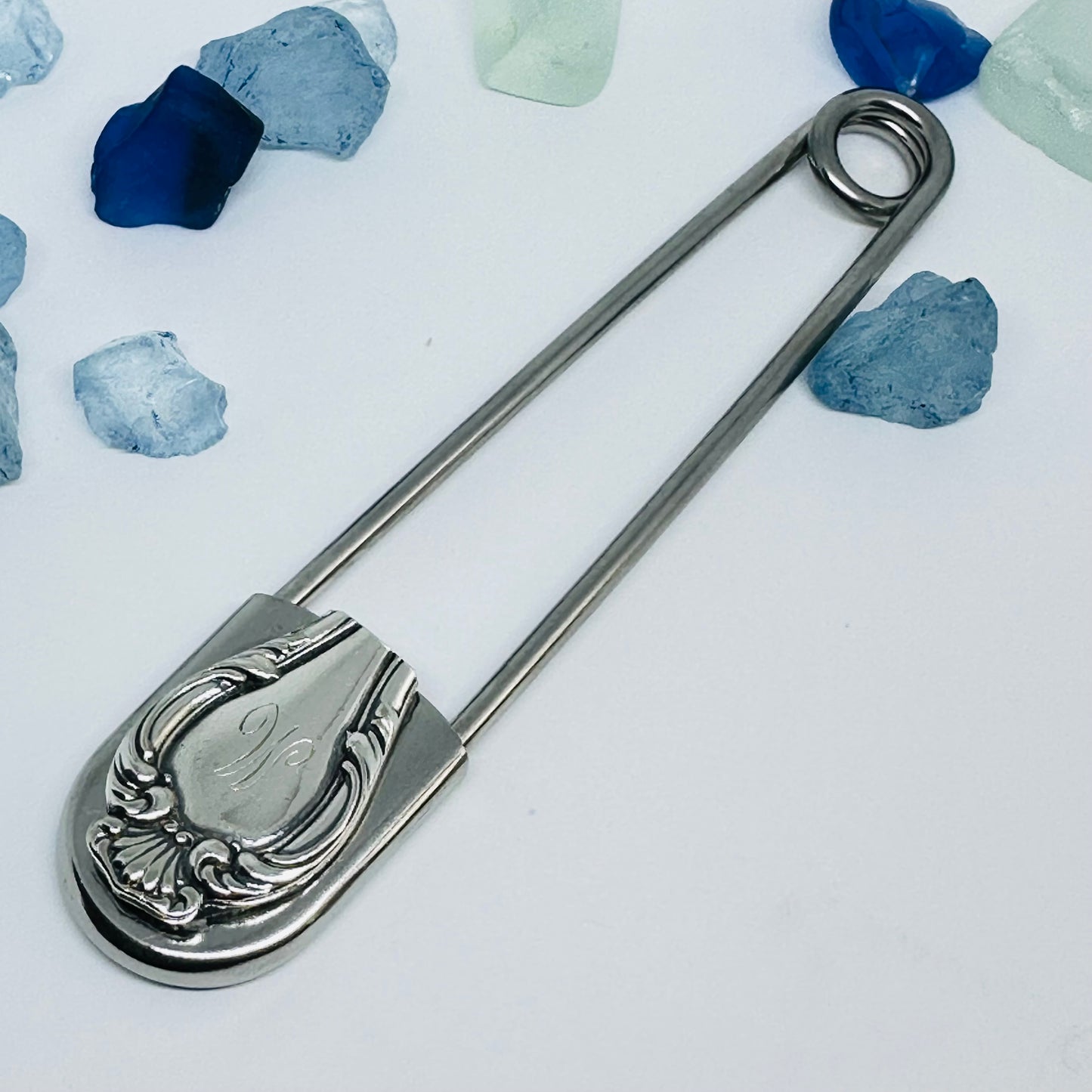 Giant Vintage Silverware Adorned Safety Pin | Key Ring | Kilt Brooch | Horse Blanket | Silver Embellishments | New Driver | Purse Belt