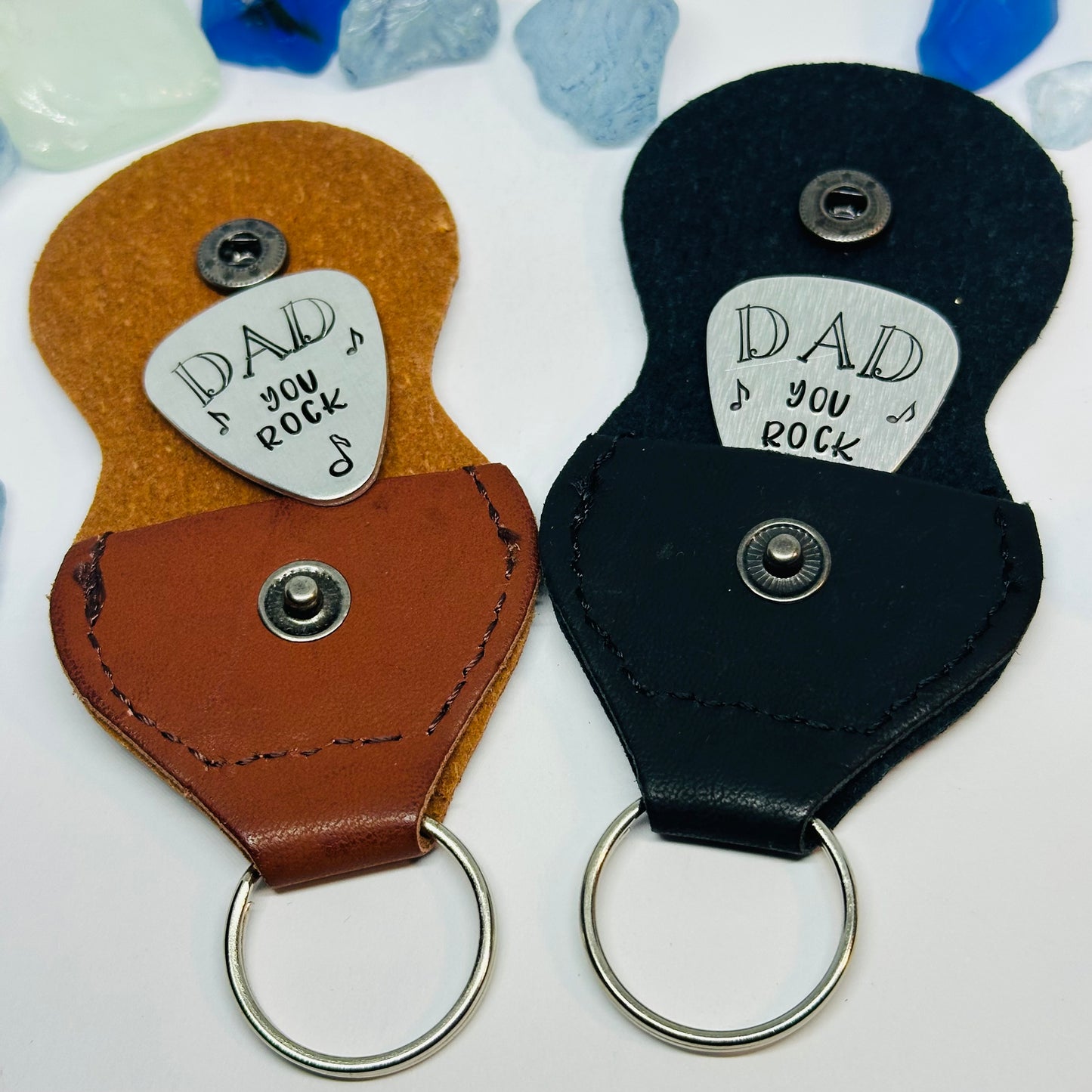 Hand Stamped Metal Guitar Pick with Keyring Case | Musician Gift