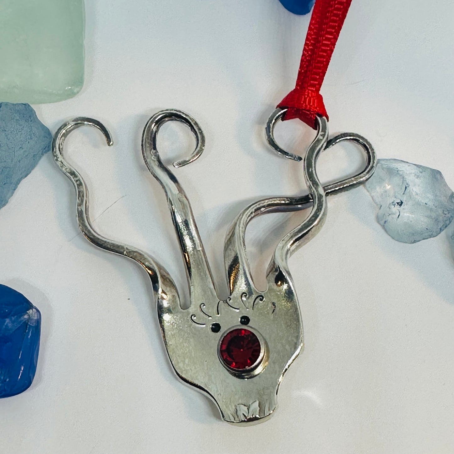 Rudolph Vintage Silverware Reindeer Ornament with Red Crystal Nose