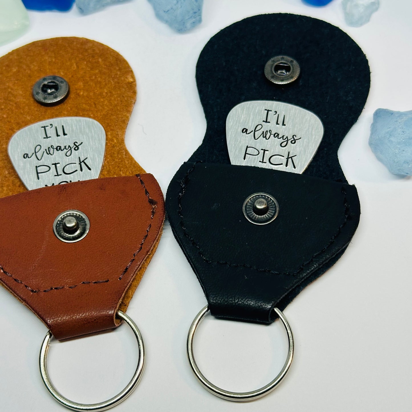 Hand Stamped Metal Guitar Pick with Keyring Case | Musician Gift