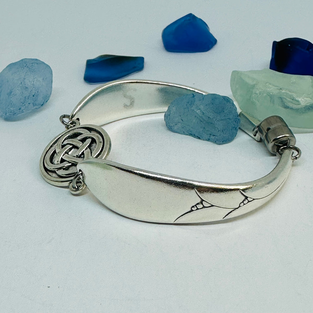 Lady Hamilton 1932 vintage spoon bracelet with a Celtic knot charm and etched spoon bowl detail.