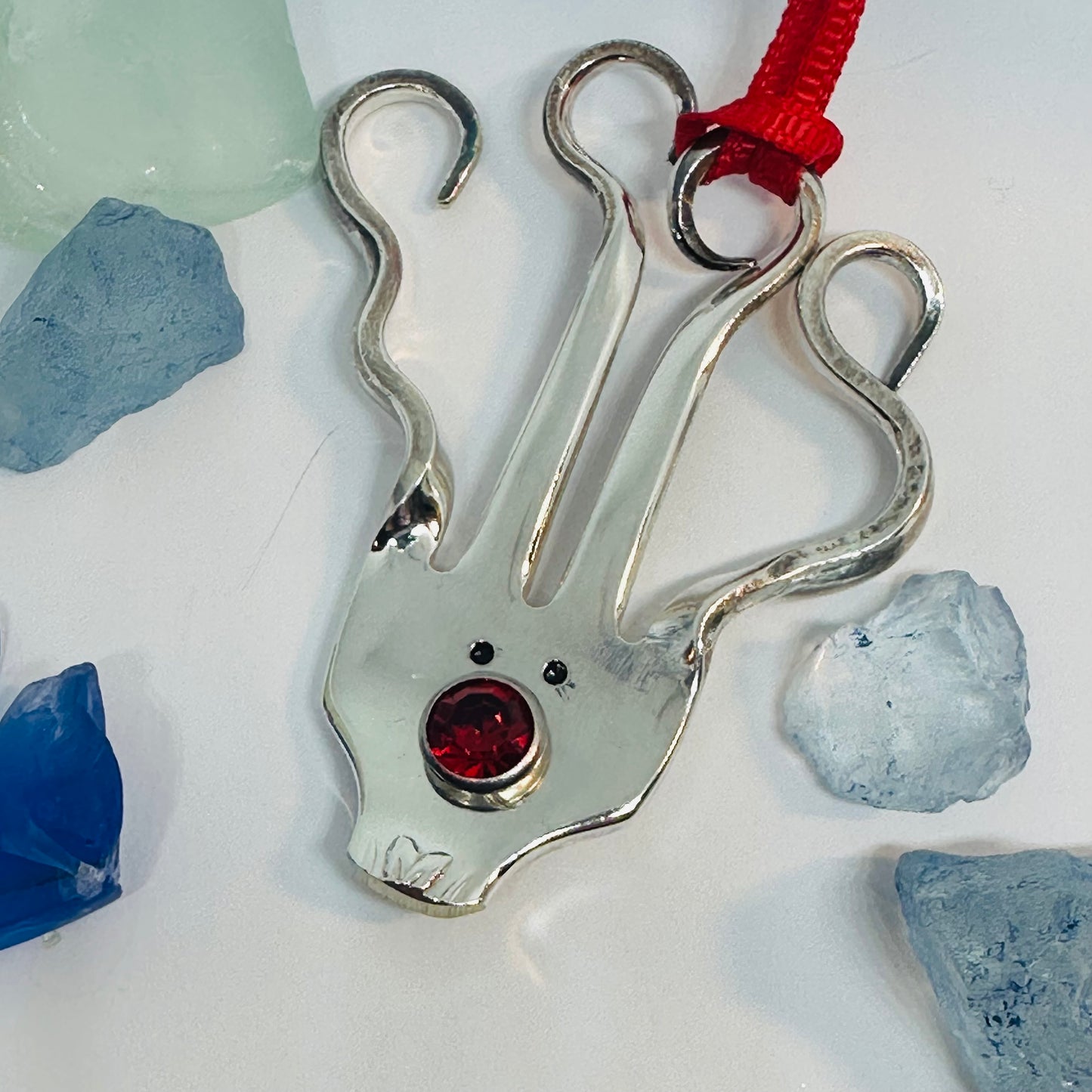 Rudolph Vintage Silverware Reindeer Ornament with Red Crystal Nose