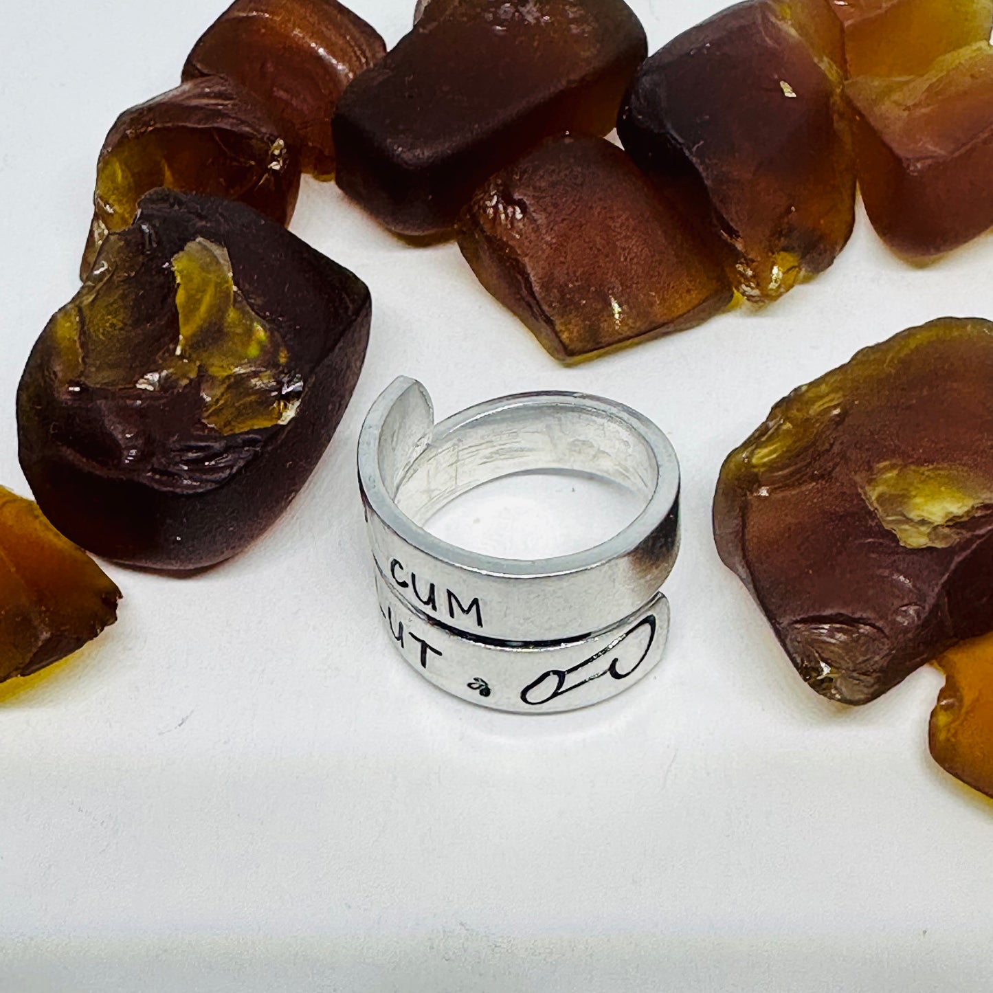 Adult-Themed Hand Stamped Metal Wrap Ring | Cum Slut | Penis Design Ring | Adjustable Sexy Adult Ring