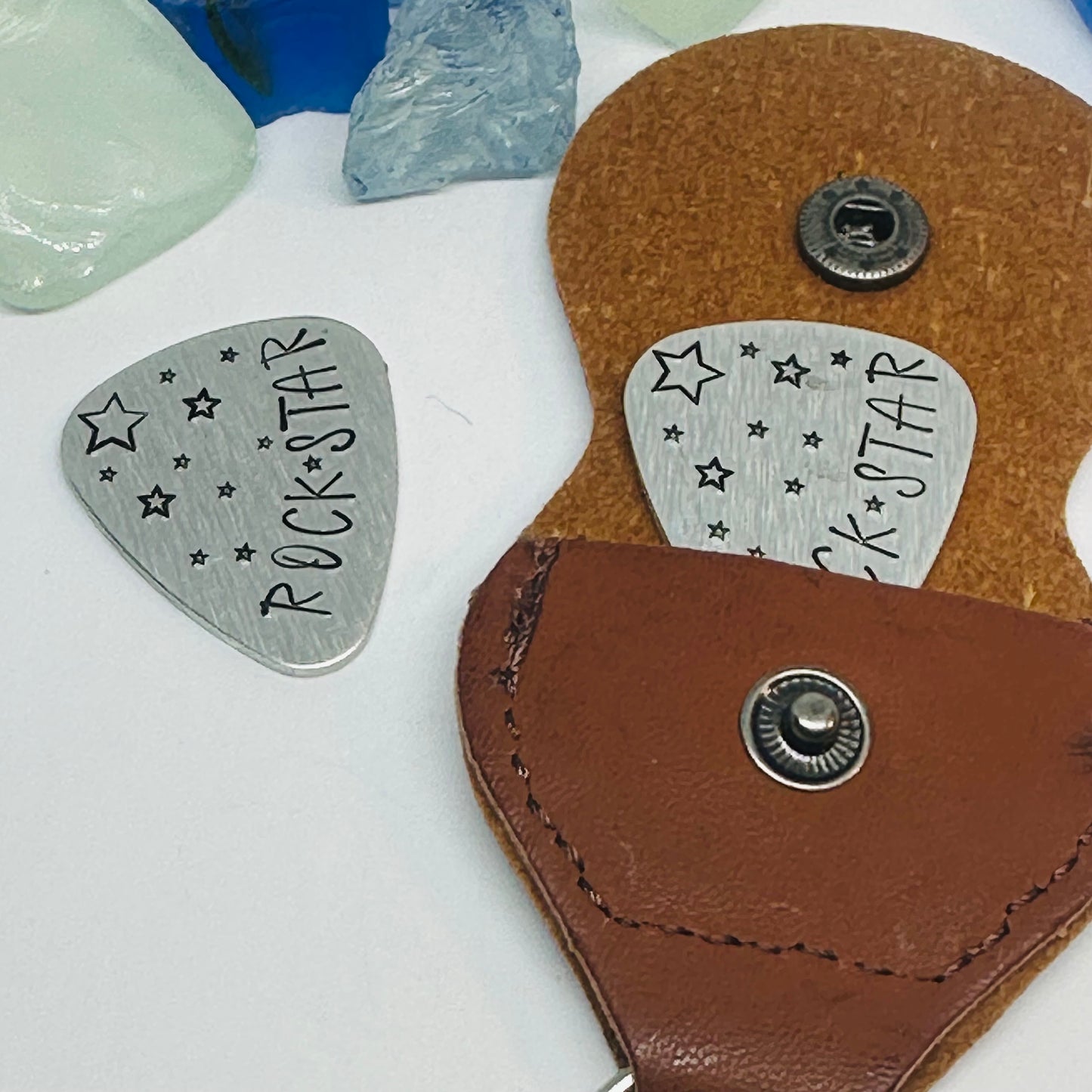 Hand Stamped Metal Guitar Pick with Keyring Case | Musician Gift