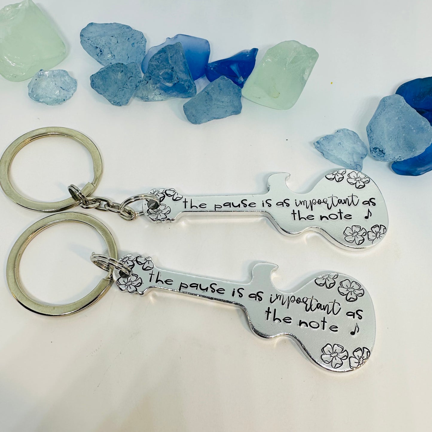 Guitar Shaped Hand Stamped Key Ring | Music Quote | The Pause is as Important as the Note | Truman Fisher | Musician Gift | Fit into Lyrics