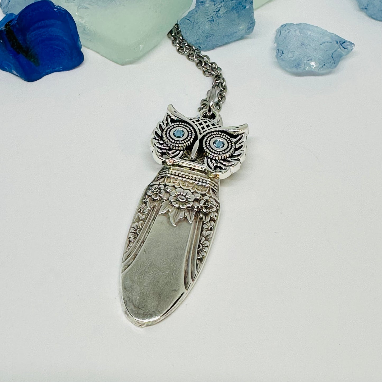 Owl with Birthstone Eyes “First Love” 1937 Vintage Silverware Necklace | Up-Cycled Jewelry | Birthday Pendant | Antique | 1.8mm Swarovski Eyes