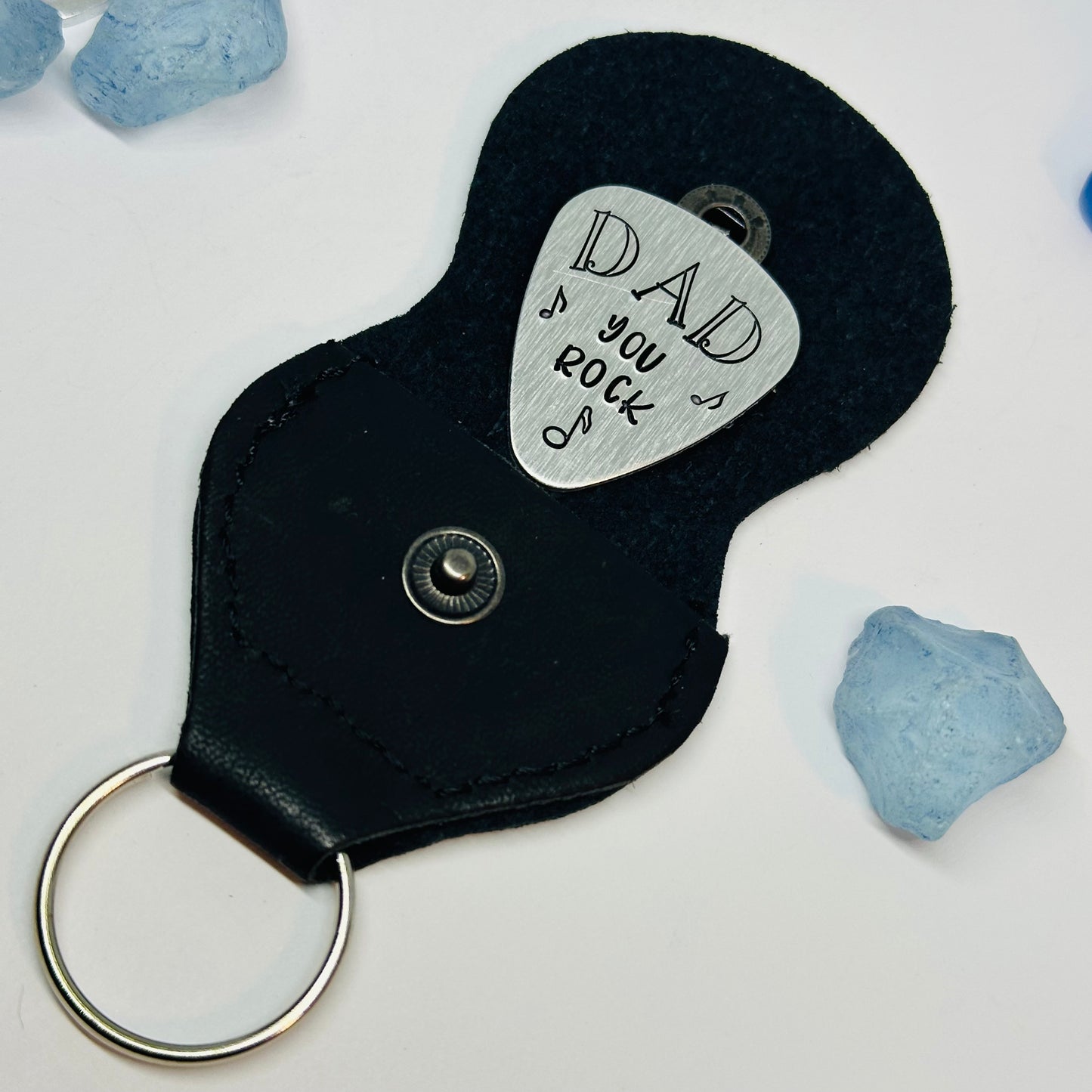 Hand Stamped Metal Guitar Pick with Keyring Case | Musician Gift
