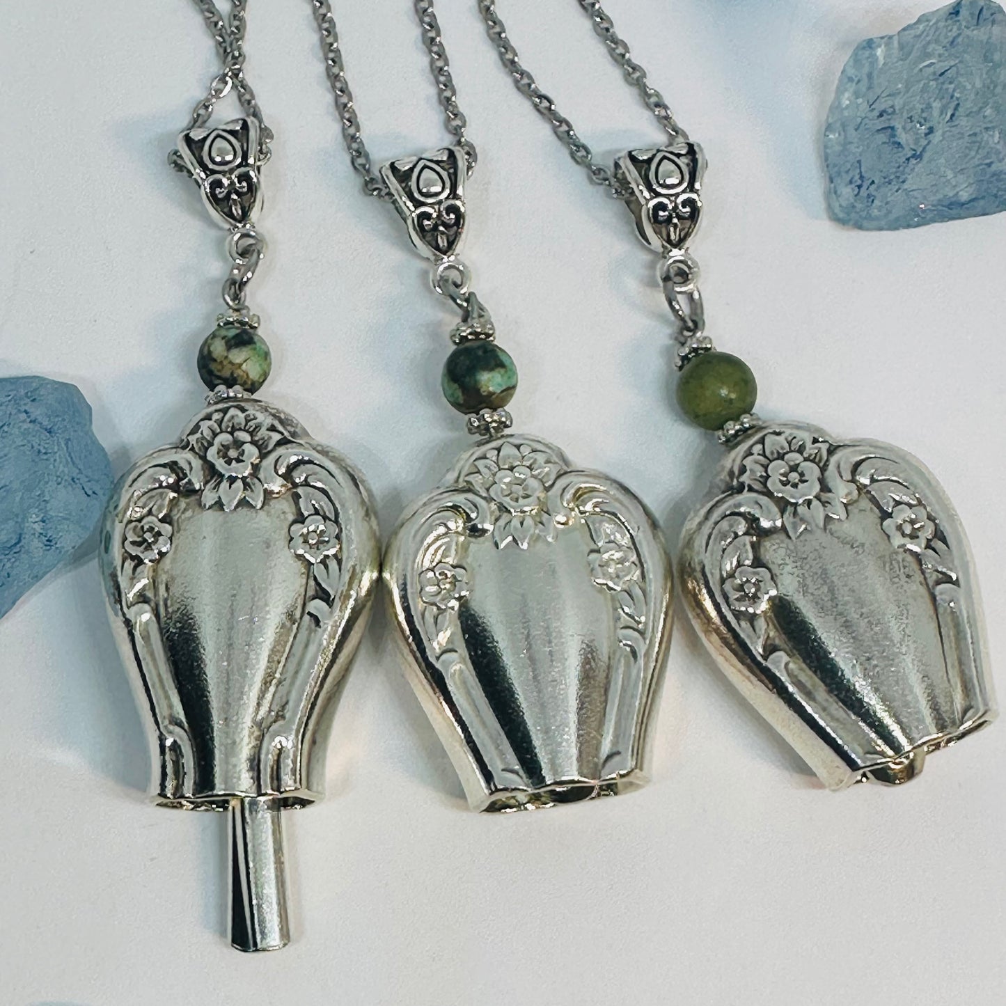 35-Fairy Bell Necklace Vintage Silverware – Angel Bell with Gemstone & 22" Chain