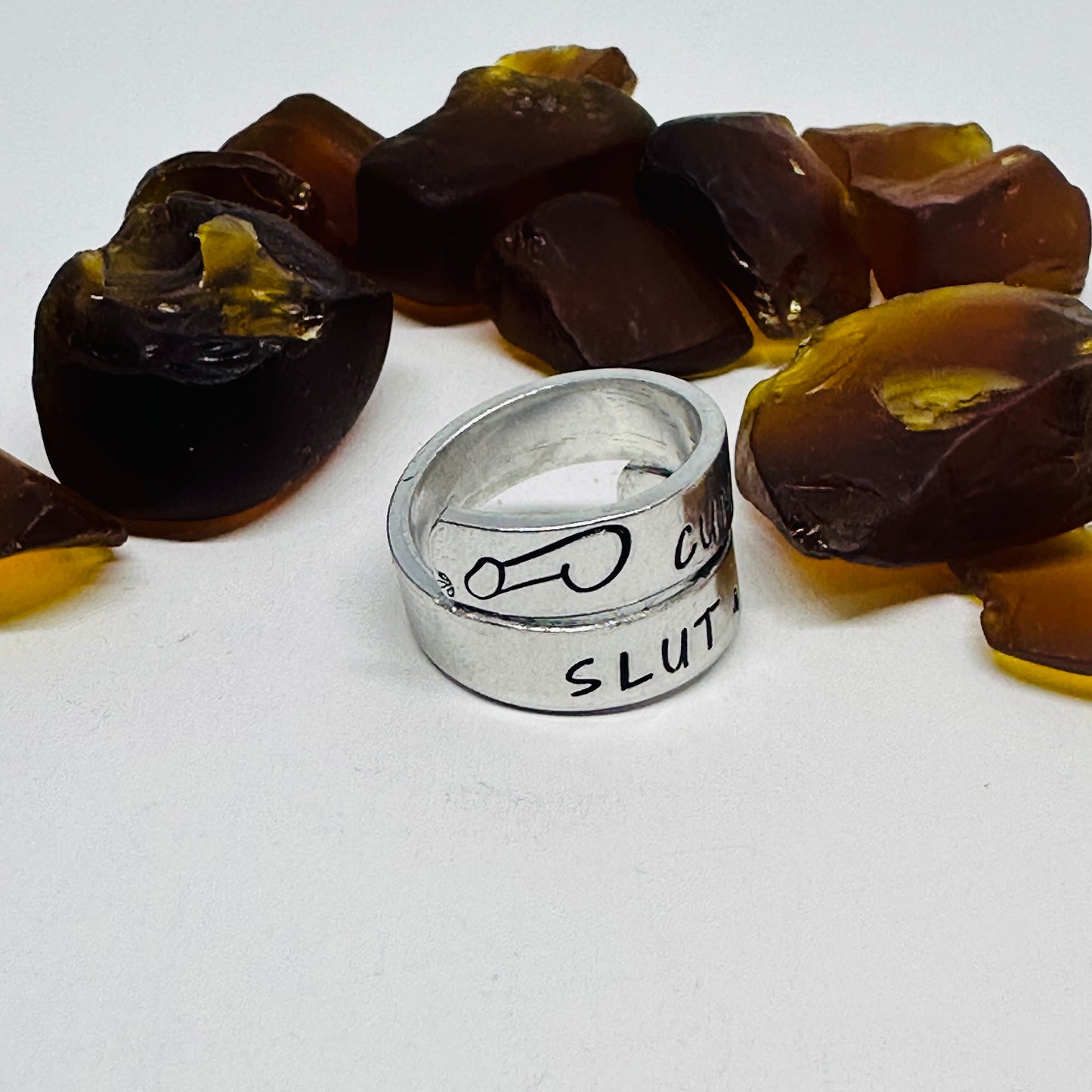 Adult-Themed Hand Stamped Metal Wrap Ring | Cum Slut | Penis Design Ring | Adjustable Sexy Adult Ring