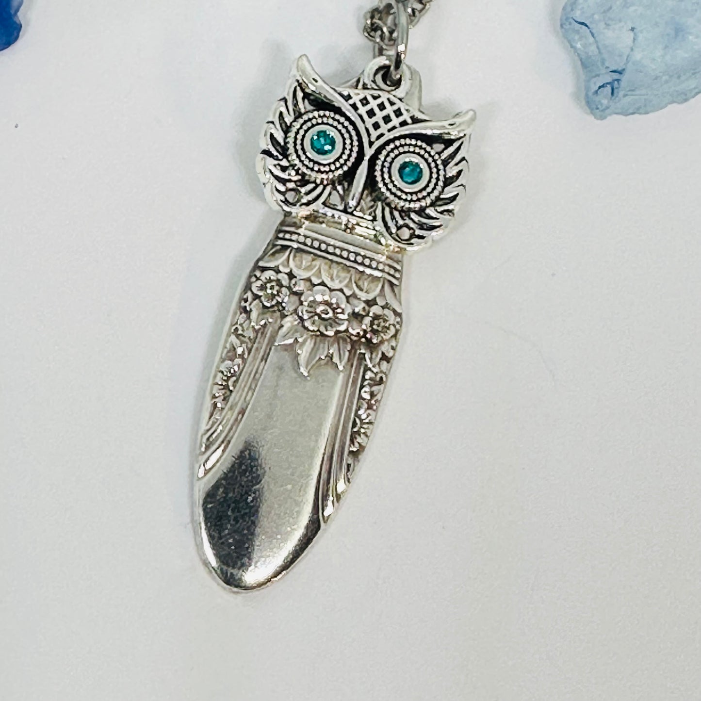 Owl with Birthstone Eyes “First Love” 1937 Vintage Silverware Necklace | Up-Cycled Jewelry | Birthday Pendant | Antique | 1.8mm Swarovski Eyes