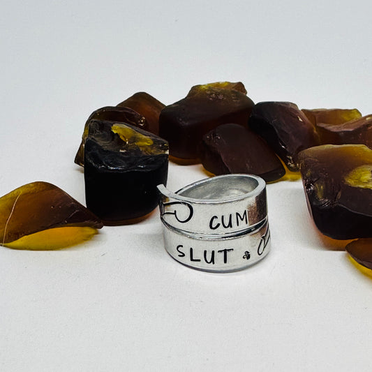 Adult-Themed Hand Stamped Metal Wrap Ring | Cum Slut | Penis Design Ring | Adjustable Sexy Adult Ring