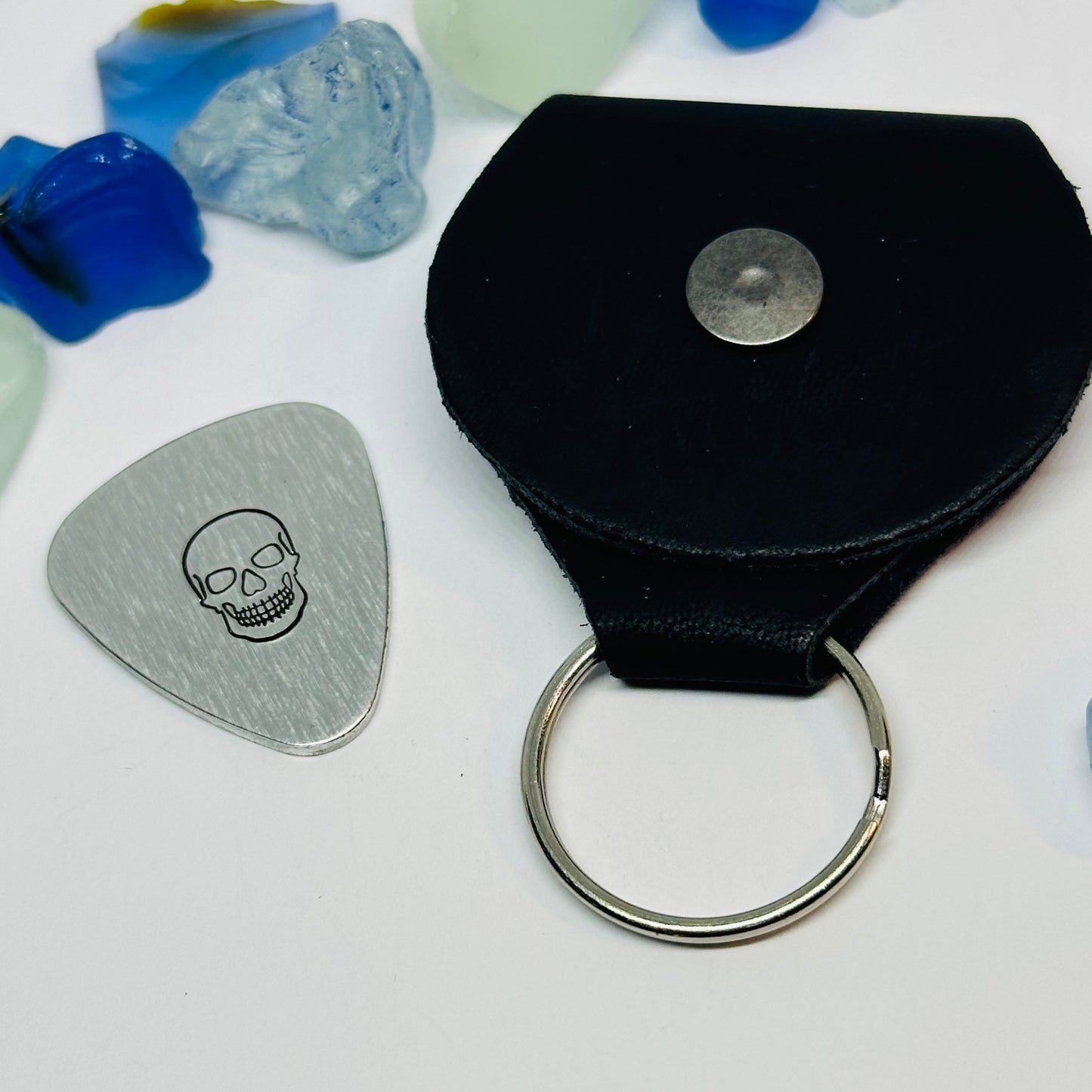 Hand Stamped Metal Guitar Pick with Keyring Case | Musician Gift