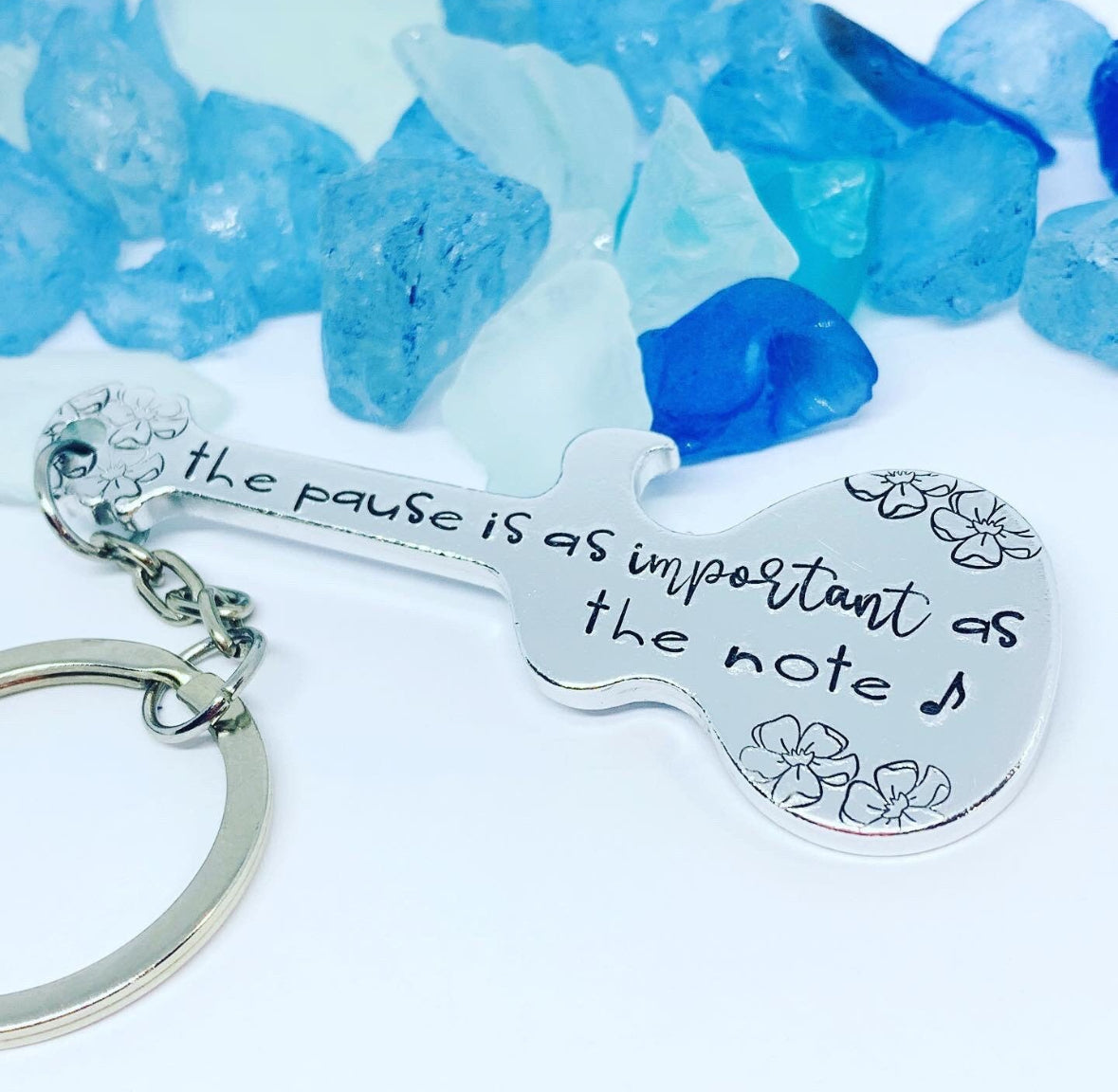 Guitar Shaped Hand Stamped Key Ring | Music Quote | The Pause is as Important as the Note | Truman Fisher | Musician Gift | Fit into Lyrics