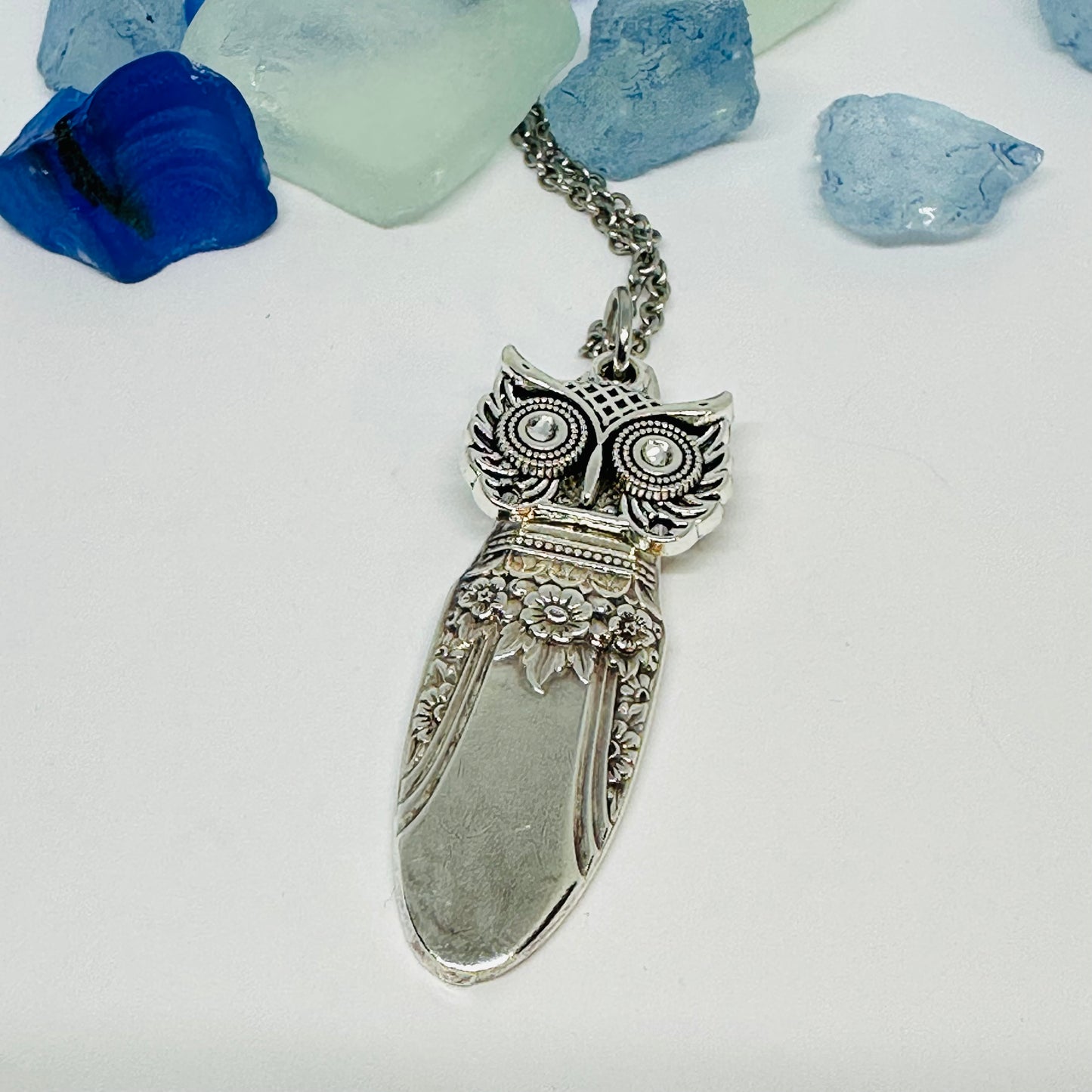 Owl with Birthstone Eyes “First Love” 1937 Vintage Silverware Necklace | Up-Cycled Jewelry | Birthday Pendant | Antique | 1.8mm Swarovski Eyes