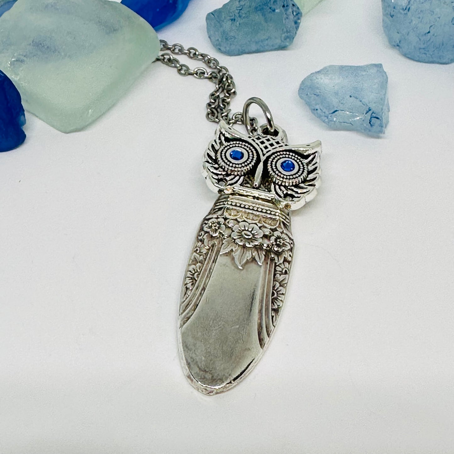 Owl with Birthstone Eyes “First Love” 1937 Vintage Silverware Necklace | Up-Cycled Jewelry | Birthday Pendant | Antique | 1.8mm Swarovski Eyes