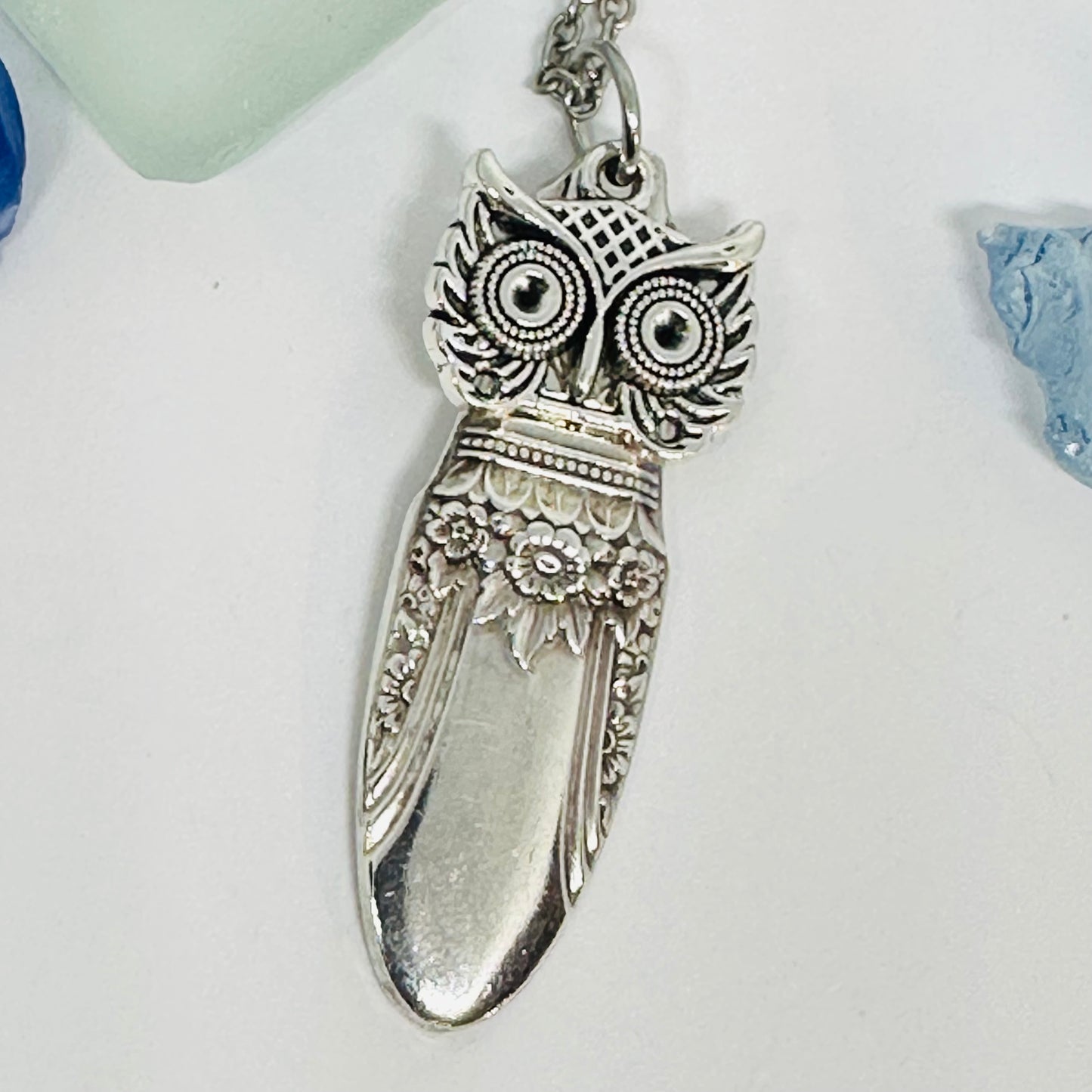 Owl with Birthstone Eyes “First Love” 1937 Vintage Silverware Necklace | Up-Cycled Jewelry | Birthday Pendant | Antique | 1.8mm Swarovski Eyes