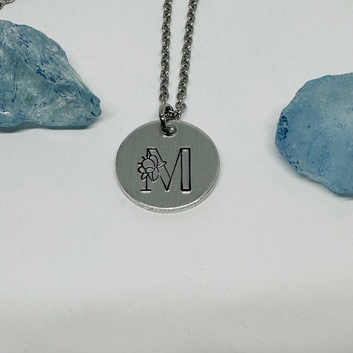 Floral Initial(s) Disc Necklace - Hand Stamped - Personalized & Elegant