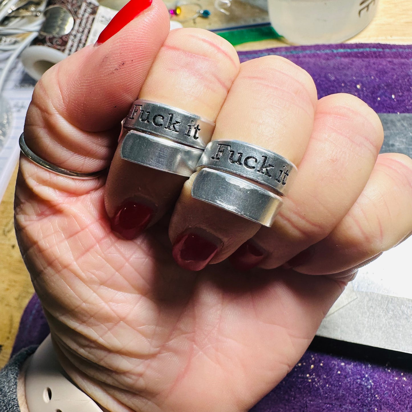 Hand Stamped “Fuck it” Aluminum Wrap Spiral Ring