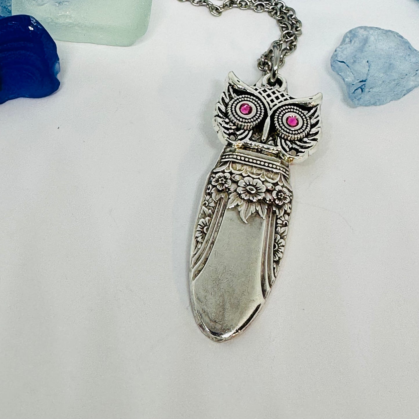 Owl with Birthstone Eyes “First Love” 1937 Vintage Silverware Necklace | Up-Cycled Jewelry | Birthday Pendant | Antique | 1.8mm Swarovski Eyes